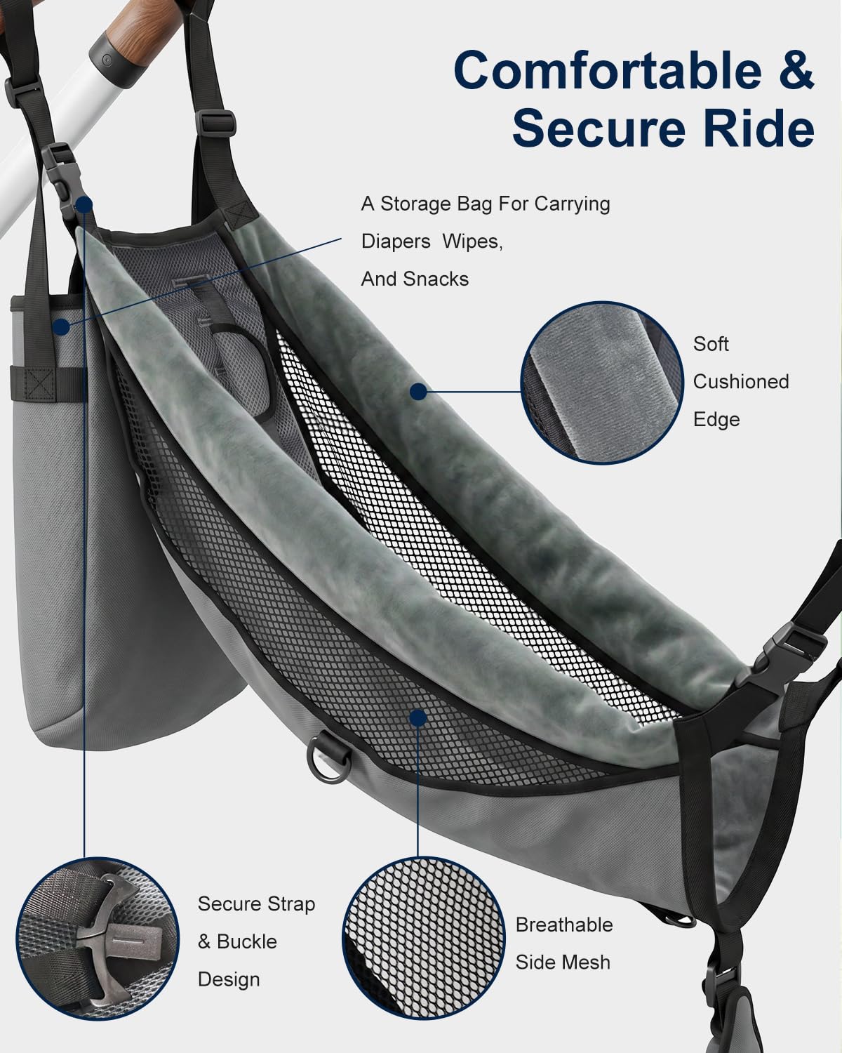 Sling accessorio staccabile per passeggini compatibili con libri, pieghevole in rete aggiuntiva con cinghie regolabili, installazione senza attrezzi, solo accessorio