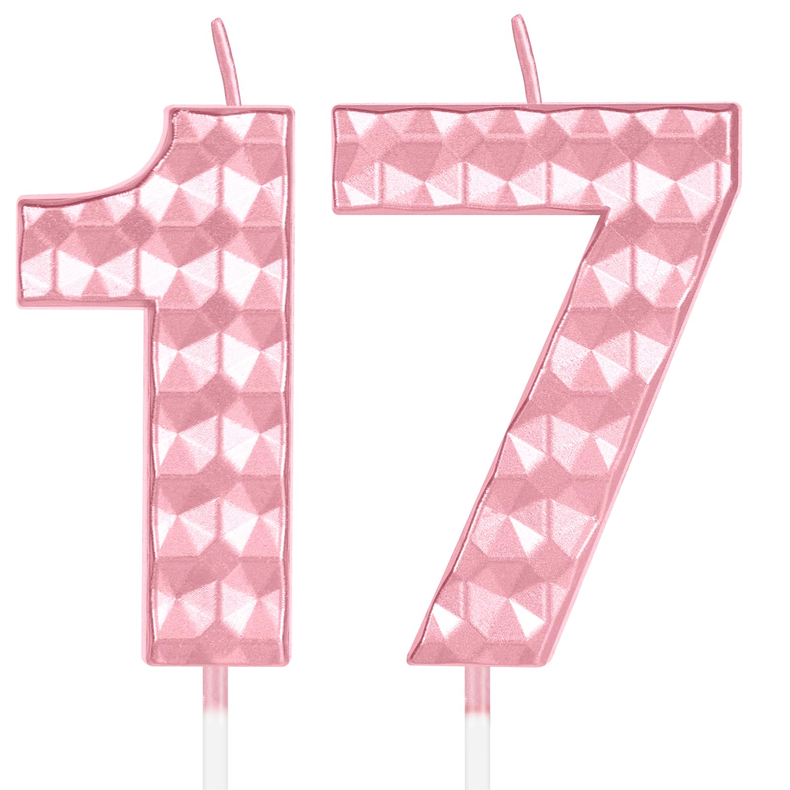 Velas rosas de cumpleaños número 17, diseño de diamante 3D número 17, decoración de pastel de feliz cumpleaños 17 para niñas y mujeres, cumpleaños, aniversario, boda, fiesta, suministros de