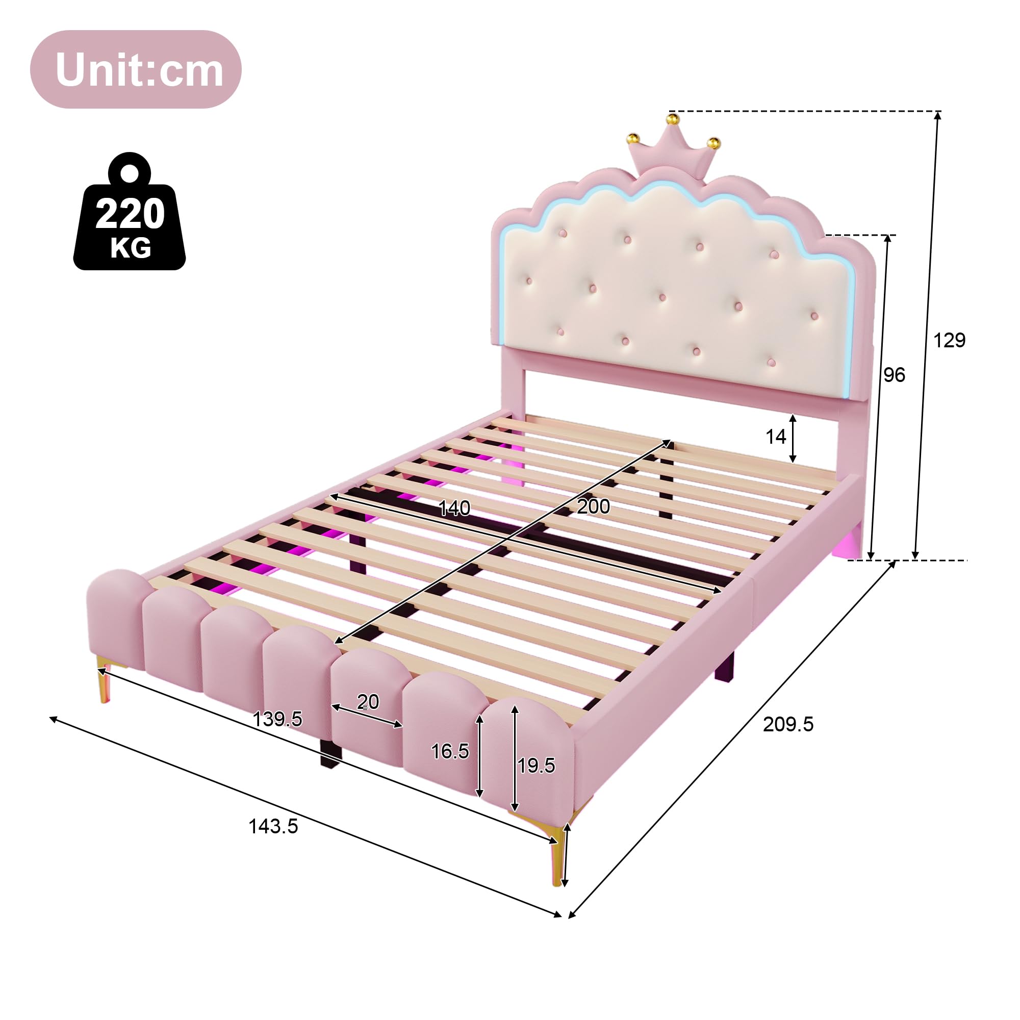 Lubvtti Letto per bambini 140x200cm con luce ambiente,letto singolo forma a corona di principessa,letto matrimoniale 140x200 con rete a doghe,PU,senza materasso,rosa