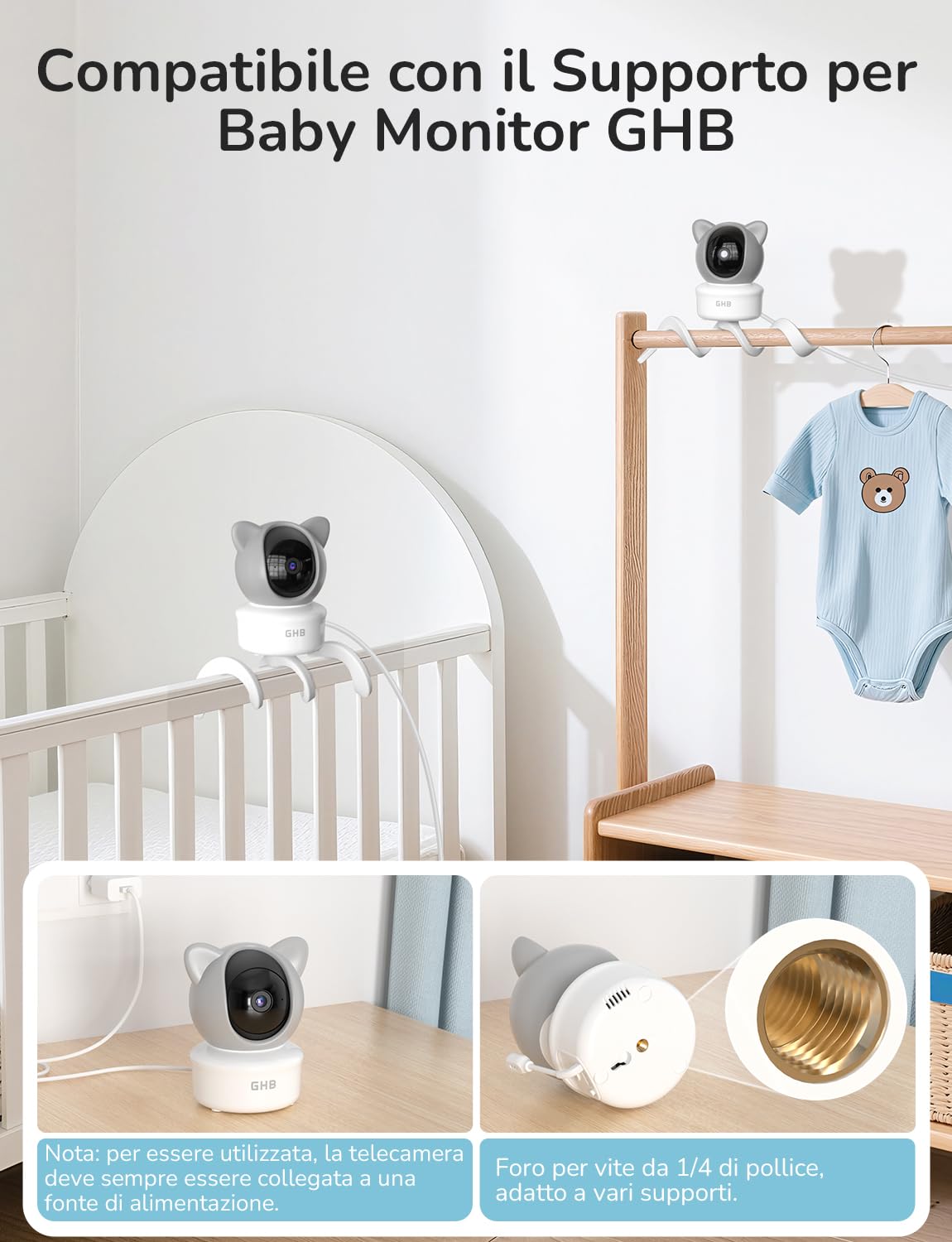 GHB Baby Monitor Video e Audio 5", Telecamera 2K, 350°/65° PTZ, 3000mAh, Controllo Tramite App e Monitor IPS, Rilevamento di Movimento/Pianto/Temperatura, Visione Notturna