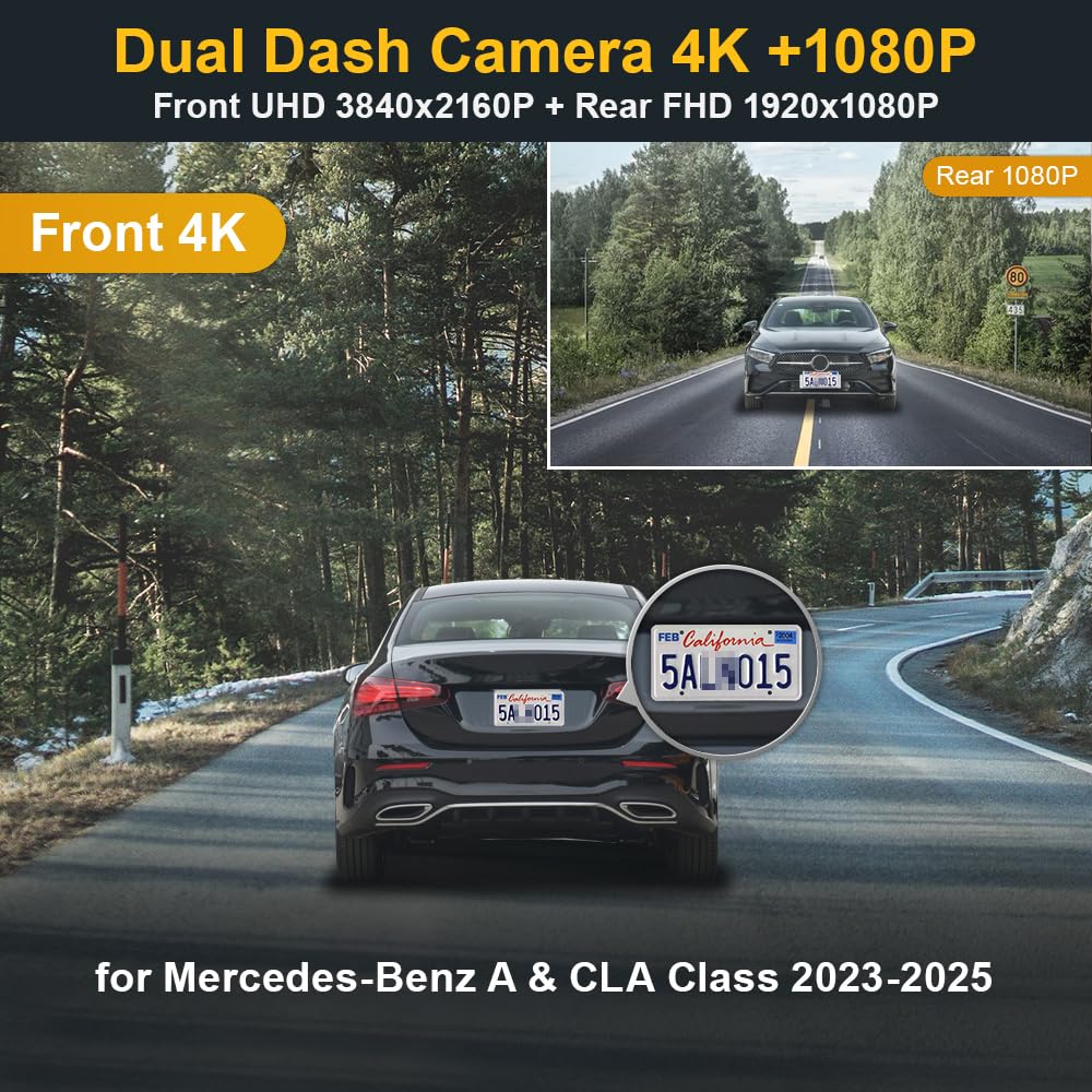 Fitcamx Dashcam Car Front Rear 2160P+1080P kompatybilna z Mercedes-Benz A i CLA Class 2024 2025 2026 facelift HD2-6609, OEM Dashcam 4K UHD Video WiFi, Loop Recording, G-Sensor, WDR, karta 128GB