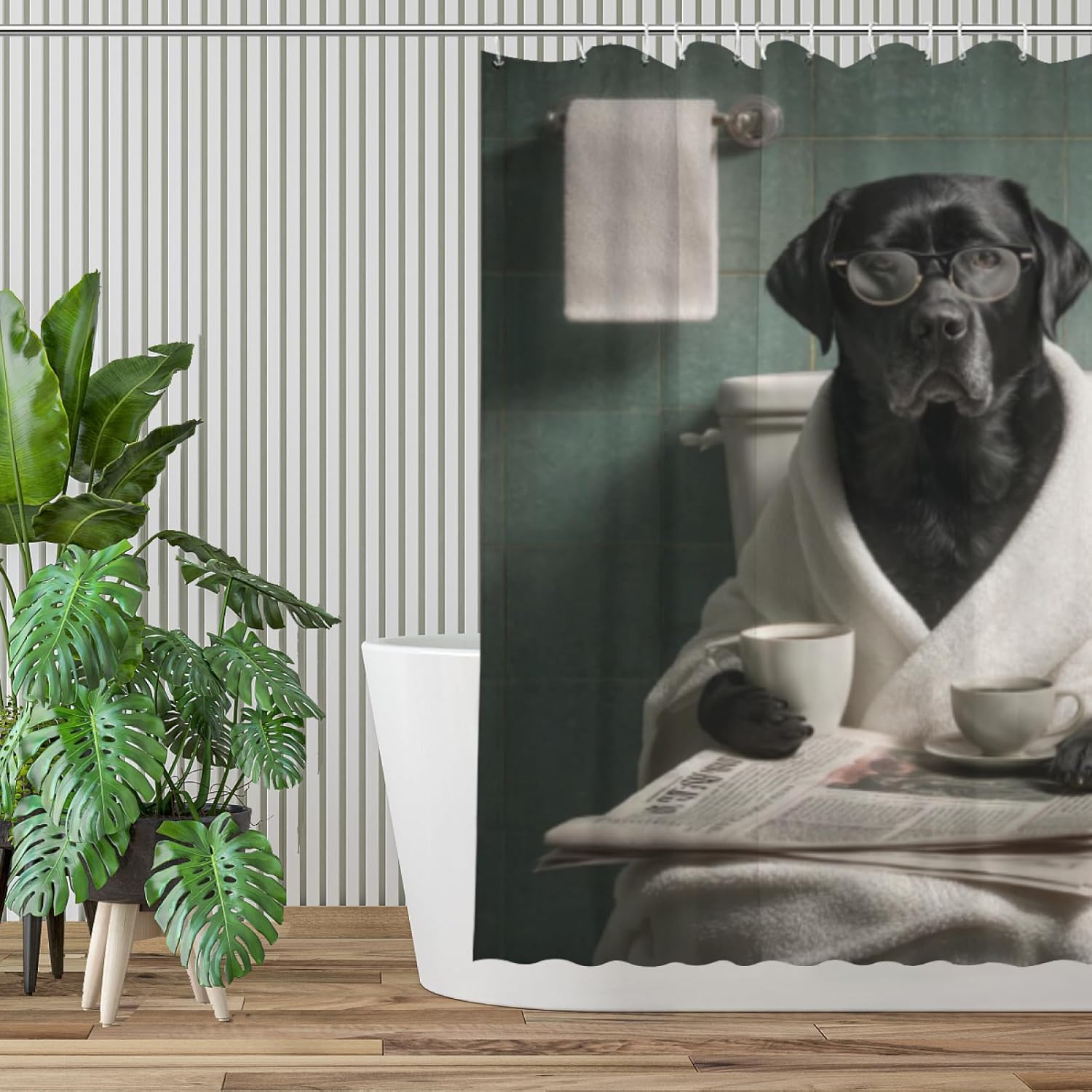 Funny Black Labrador Dog Bathroom Curtain, Cute Dogs Reading Newspaper on Toilet, Washable Cloth Kids Shower Curtain Set 72X72 Inches with 12 Hooks
