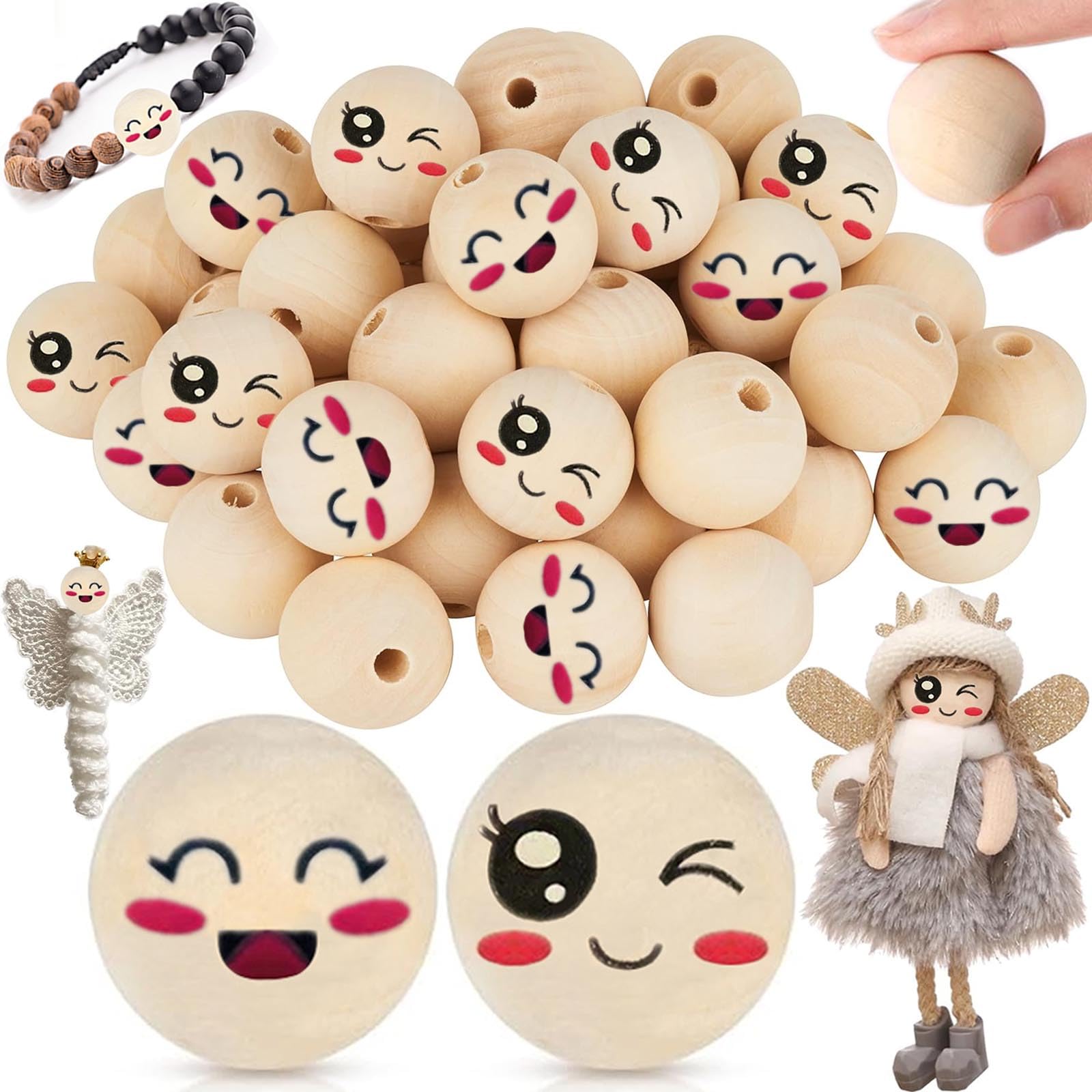 Yueser Wooden Beads - 30 Pcs, 30mm Smiley Face, Large, Natural, with Hole for DIY Crafts