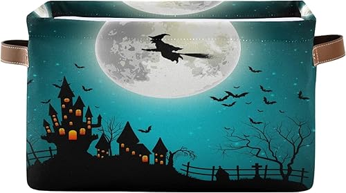 AUUXVA Cesta de almacenamiento de Halloween, bruja, luna, castillo, caja de almacenamiento, caja de almacenamiento de lona duradera plegable para