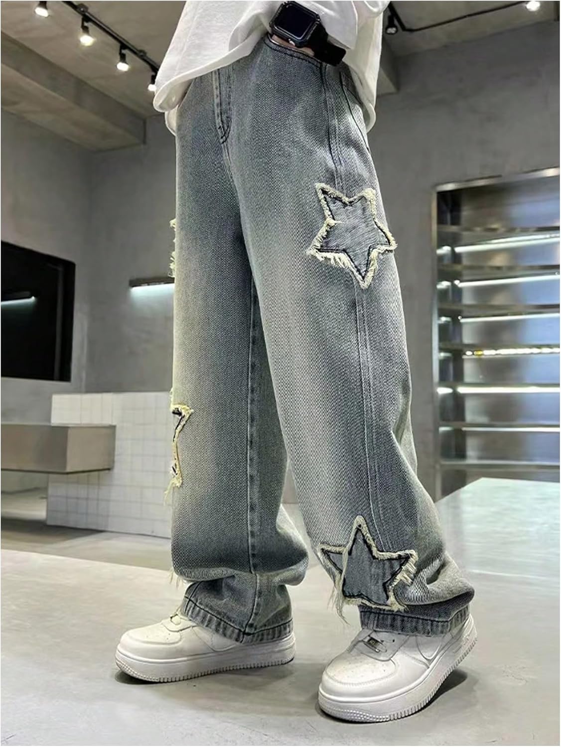 SHENHE Boy's Star Baggy Jeans Teen Boys Straight Wide Leg Denim Pants with Pockets - Image 2