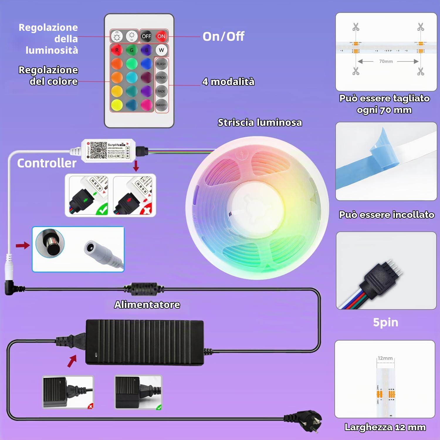 Striscia LED COB 24V 10M RGBW dimmerabile con telecomando e alimentatore Striscia LED COB RGB+bianco caldo 3000K, alta densità 784LED/M, controllabile tramite app, compatibile con Alexa Google Home