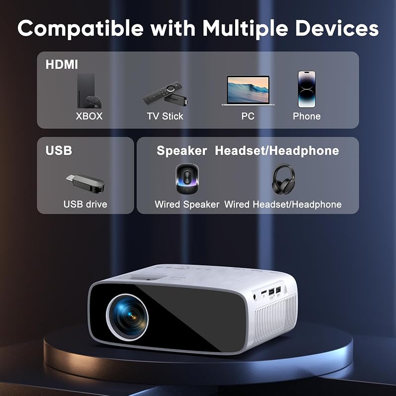 AKATUO 4K Támogatott Hordozható Projektor, Natív 1080P Felbontás, 15000L Fényerő, 5G WiFi, Bluetooth 5.2, 50% Zoom, Otthoni Mozi és Kültéri 
