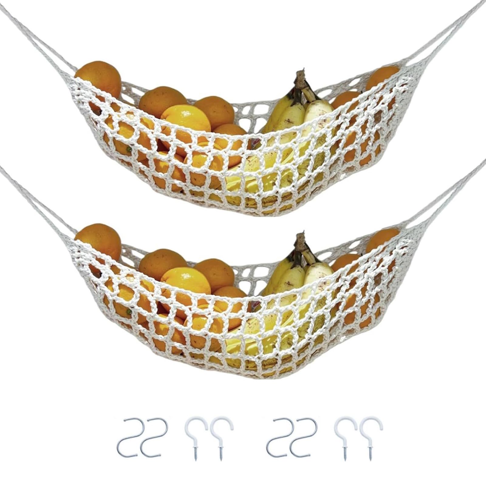 Limtula 2 Pack Large Capacity Breathable Cotton Fruit Net Macrames Under Cabinets Banana Basket Hanging Vegetable Hammock With Hook Hanging Vegetable Storage Basket