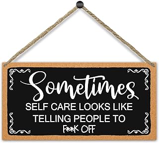 Sometimes Self Care Look Like Telling People Rustic 6×12 Inche Hanging Wood Sign with Rope Wall Plaque Living Room Decor Kitchen Study Door Art Christmas Wooden Art Gift