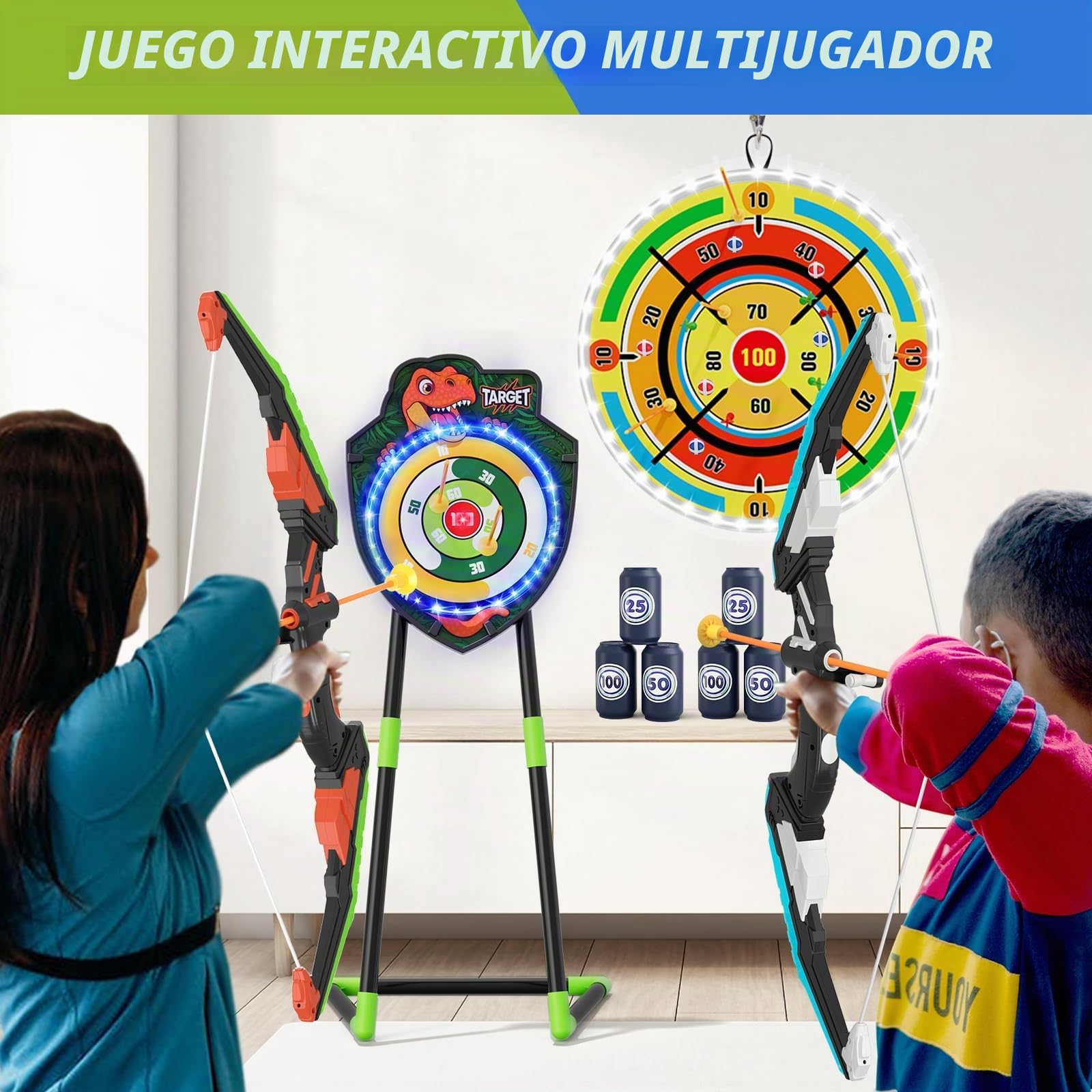 HYES 2 Pack Arco y Flechas con 29" Glow Dart Board, LED Iluminar el Dinosaurio Tiro con Arco con Flechas de Succión, Objetivo de Resplandor, Regalos Juguete para Niños Niñas Interior y Exterior
