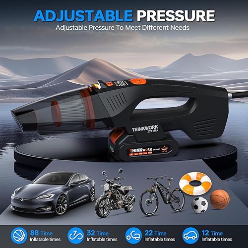 Miniatura 5 de THINKWORK Aspiradora de coche e inflador de aire de 20 V, aspiradora inalámbrica de mano de alta potencia de doble función con potencia de succión
