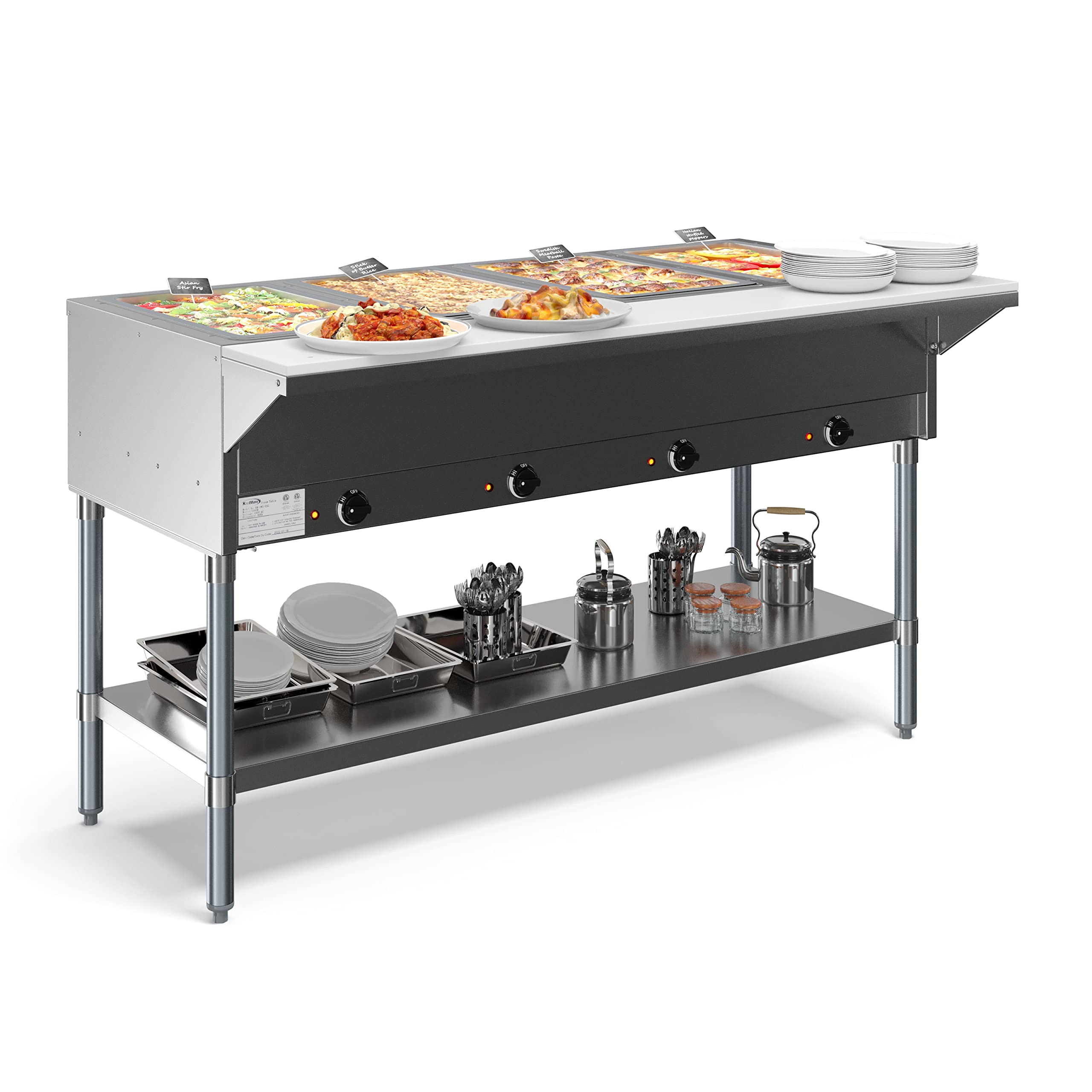 Photo 1 of ** dirt from transport**KoolMore 4-Pan Open Well Commercial Electric Stainless Steel Steam Table Food Warmer for Buffets with Undershelf, Warming Control Knobs, and Front Serving Area [120V] (KM-OWS-4), Silver