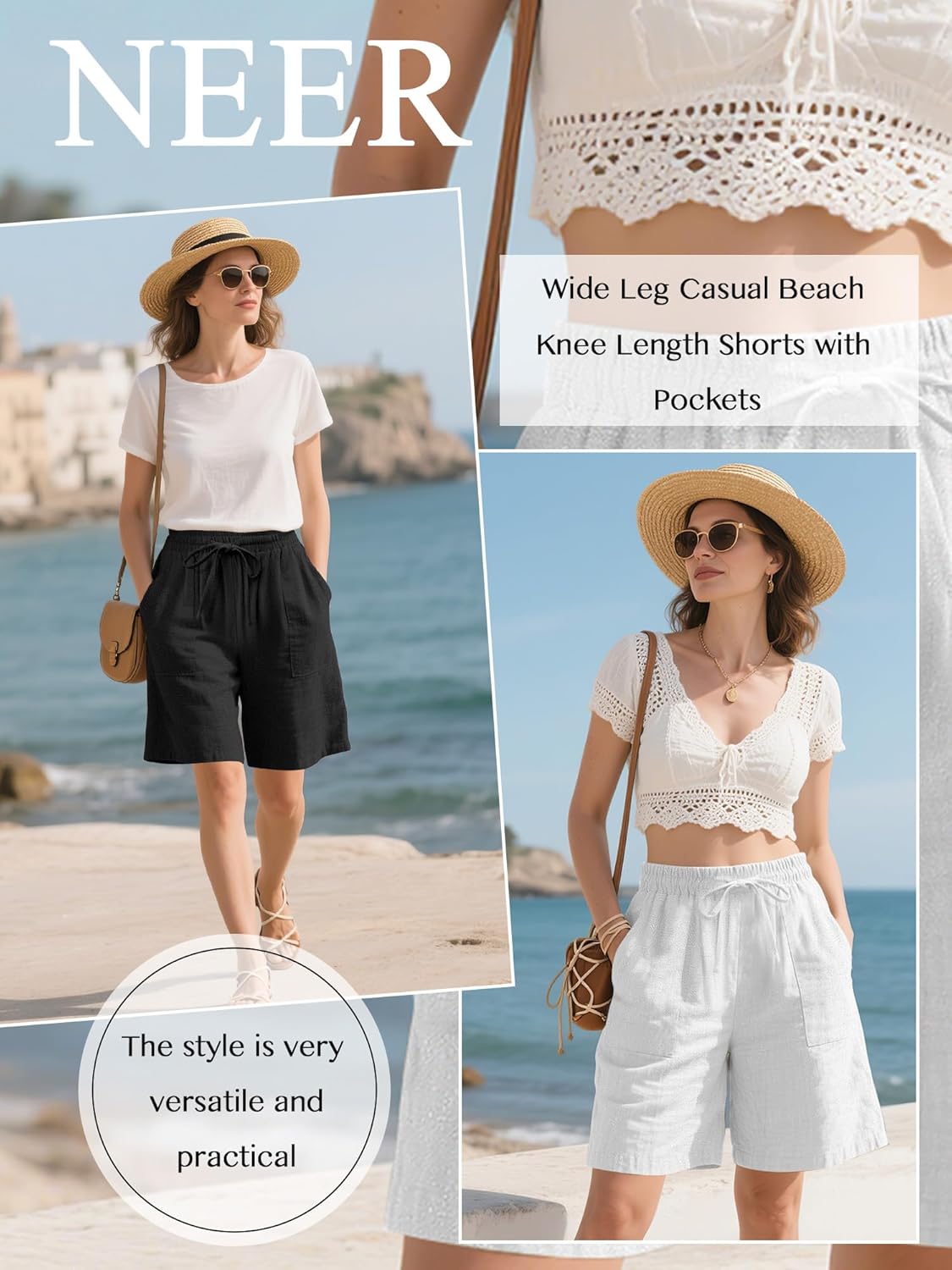 Neer 2 Pack Women's Linen Bermuda Shorts High Waisted Drawstring Wide Leg Casual Beach Knee Length Shorts with Pockets - Image 2