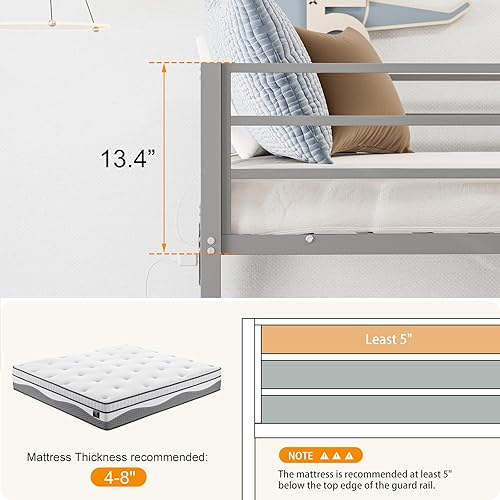 Miniatura 2 de IKIFLY Literas de tamaño matrimonial sobre tamaño matrimonial con luces LED y estación de carga, marco de litera de metal resistente, barandilla de