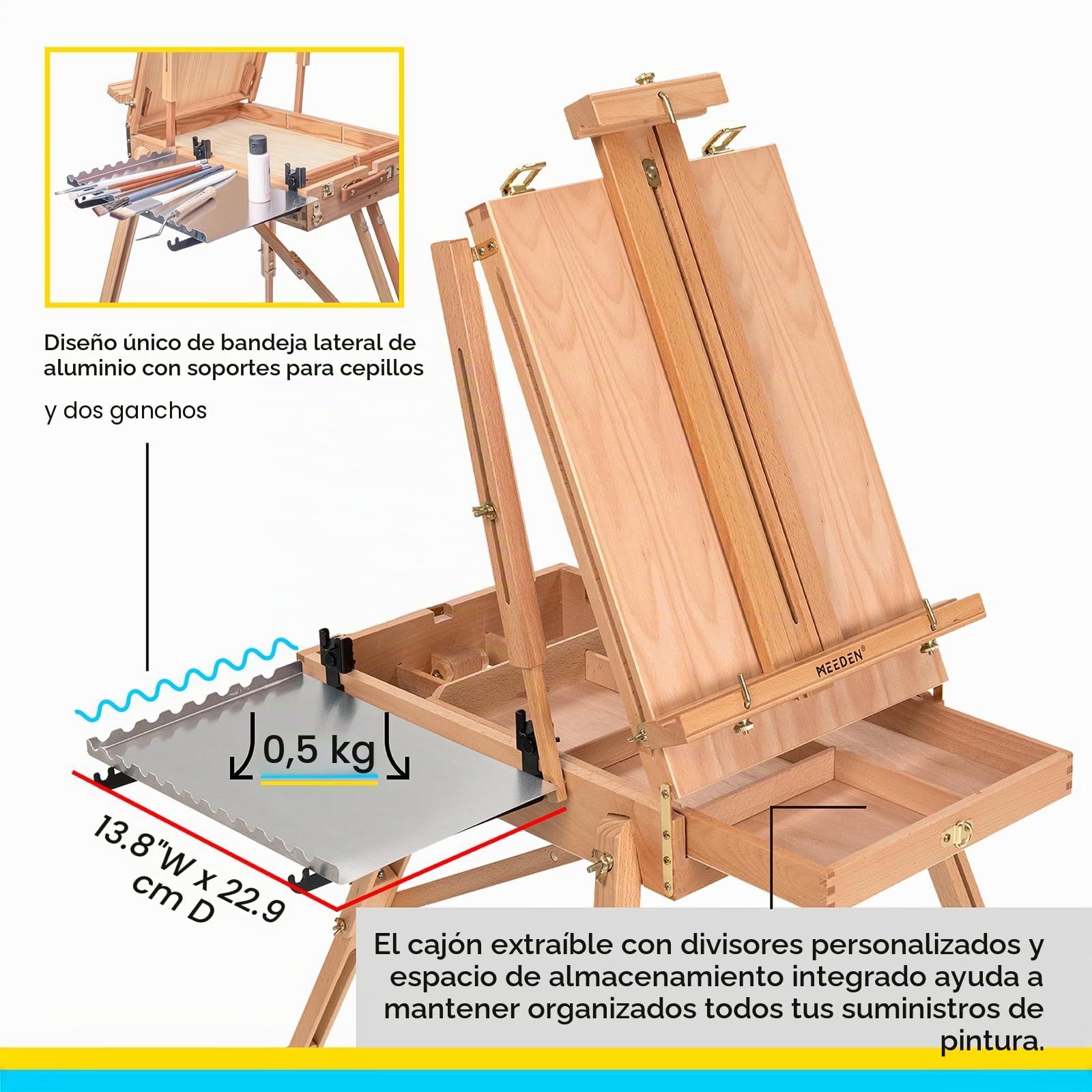 Meeden Caballete de madera de haya, plegable, portátil, con cajón y paleta para profesionales, artistas y aficionados a la pintura sobre la marcha, sostiene lienzos de hasta 34 pulgadas