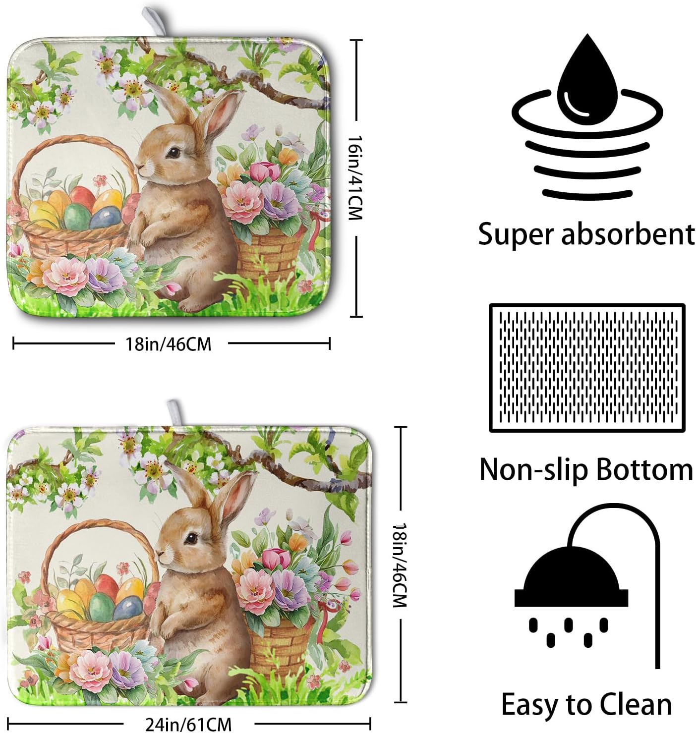 Happy Easter Bunny Kitchen Dish Drying Mat for Dishes 18x24 Inch Spring Colorful Floral Flower Basket Drying Mats Easter Eggs Dish Drainer Mat Super Absorbent Dish Rack Pad for Coffee Bar Sinks image 2