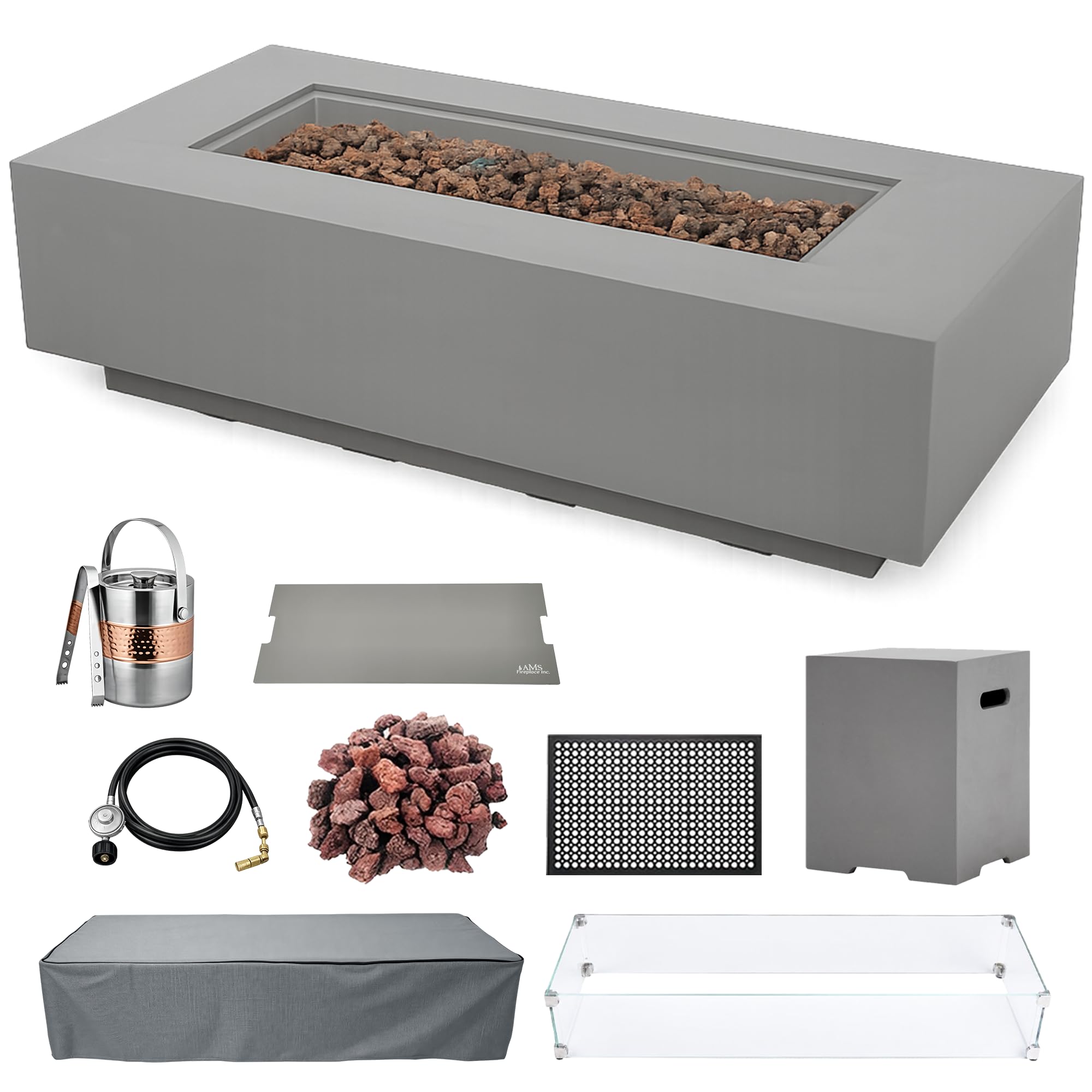 AMS 60" Rectangular Concrete Propane Gas Fire Pit Table Bundle (Light Gray)
