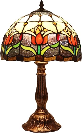 Bieye L10639 Tulip Flower Tiffany Style Stained Glass Table Lamp Night Light with 12 inches Wide Lampshade Metal Base for Bedside Bedroom Living Room, 18 inches Tall