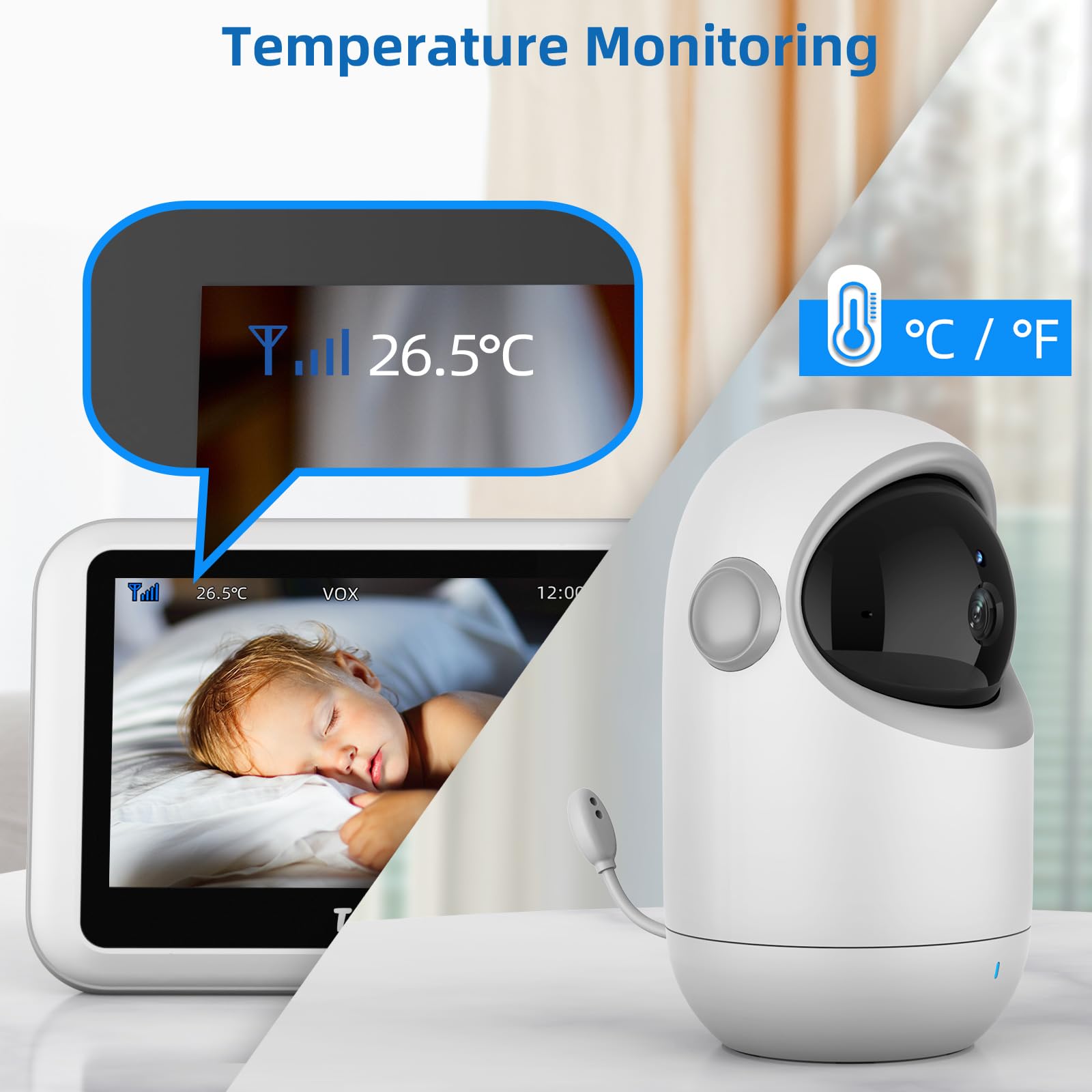 TakTark Camara Vigilancia Bebe, 4.3'' Vigilabebes con Camara Rotación de 300°, Inalámbrico Bebe Monitor con Visión Nocturna, VOX, Comunicación Bidireccional, Sensor de Temperatura, Sólo movimiento