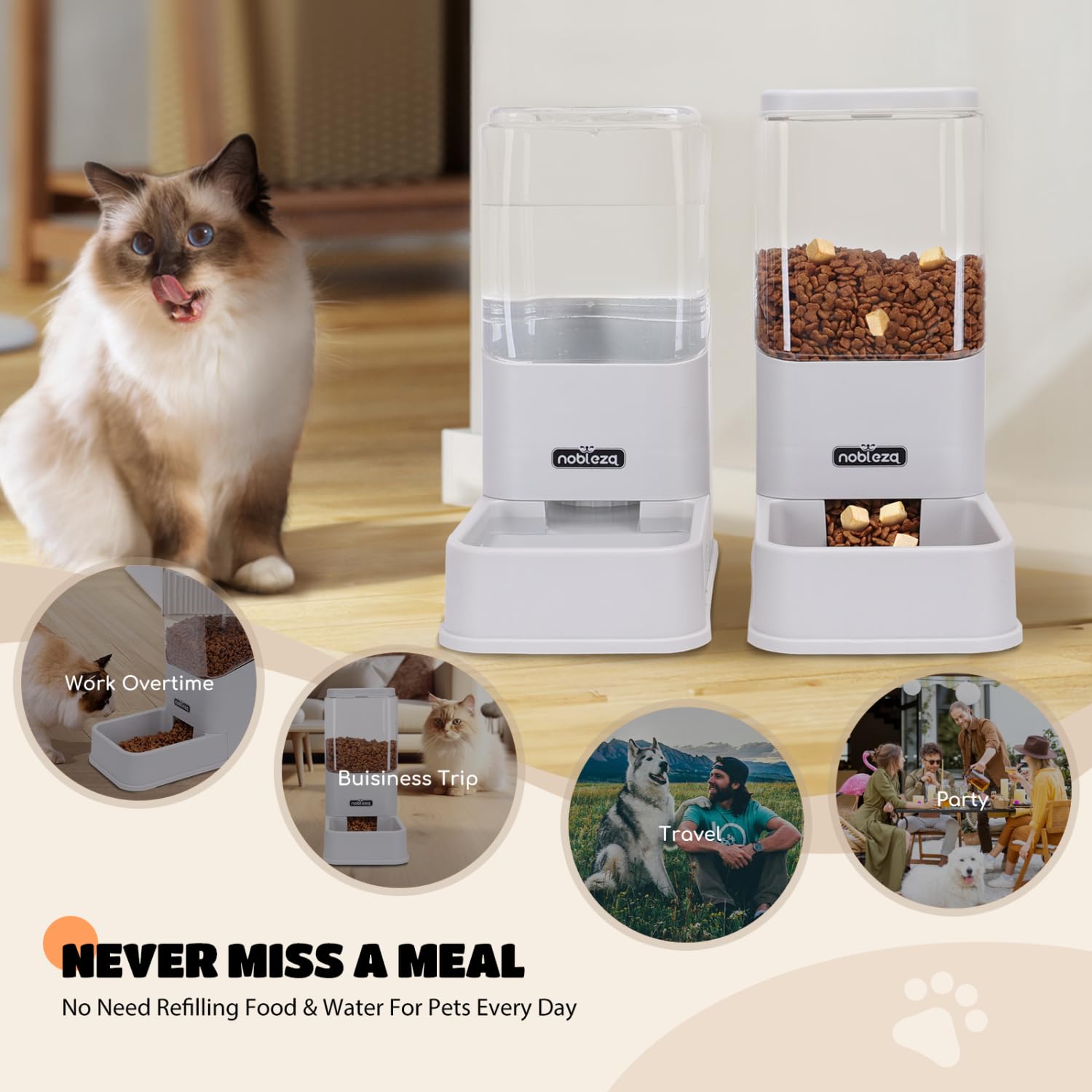 Nobleza Comedero Automático y Bebedero Gatos Perros， Dispensador Comida Gatos y Perros 3.8 L， para Perros y Gatos pequeños y medianos， Pack 2 Unidades