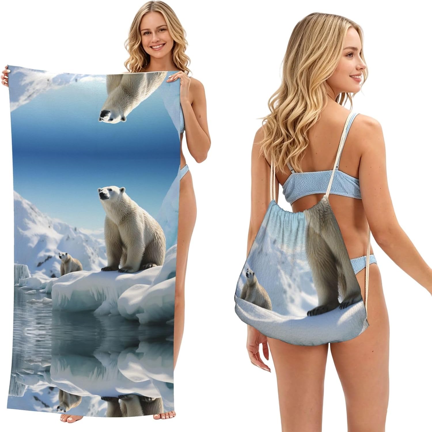 2 in 1 Packable Towel Bag,Soft Absorbent Pool Towels Backpack Quick Dry Lightweight Beach Towels Polar Bear Penguin Drawstring Bag for Travel Camping Sports Picnic