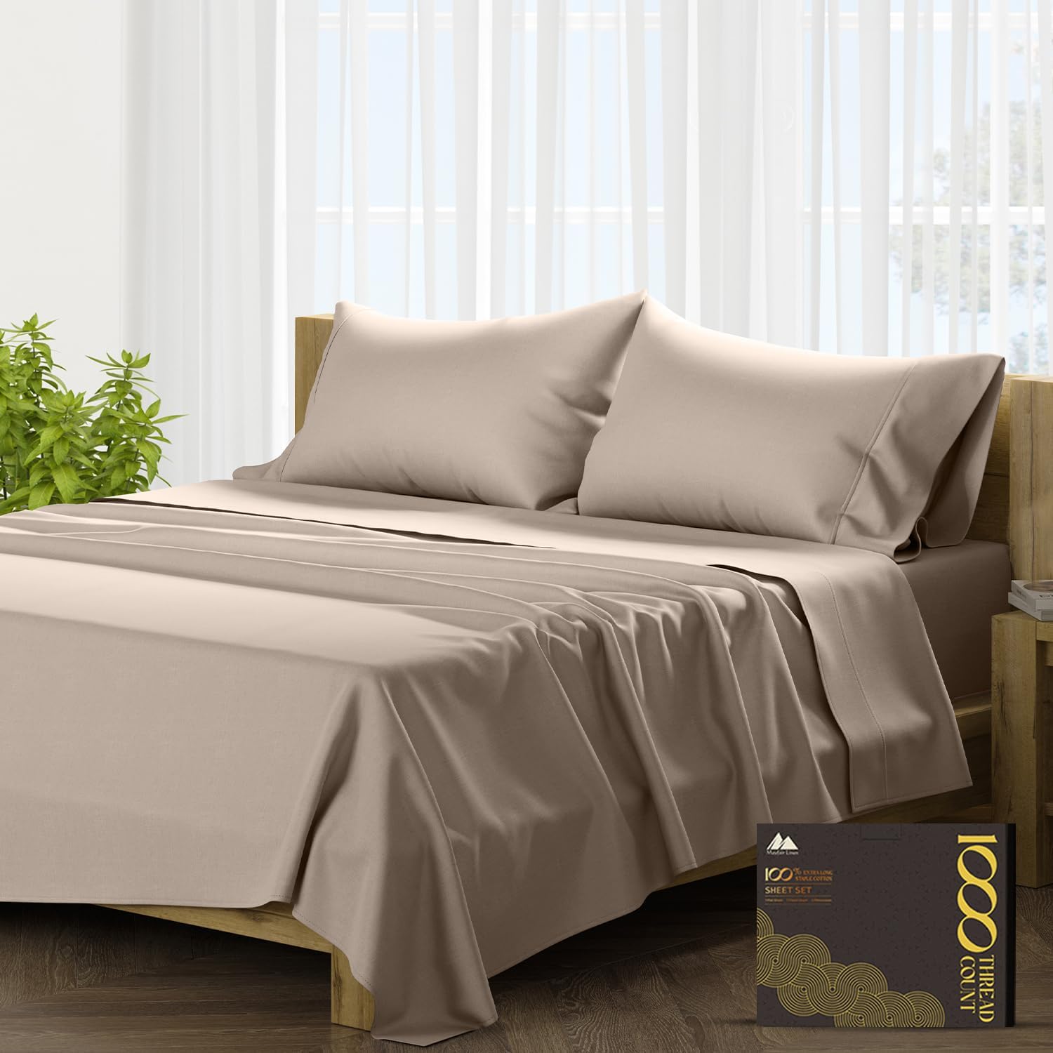 Mayfair Linen 100% Egyptian Cotton Sheets Full Size - 1000 Thread Count 4 PC Deep Pocket Full Size Bed Sheets Set, Soft Sateen Weave Luxury Hotel Cooling Sheet, Fits Mattress Upto 18" - Taupe