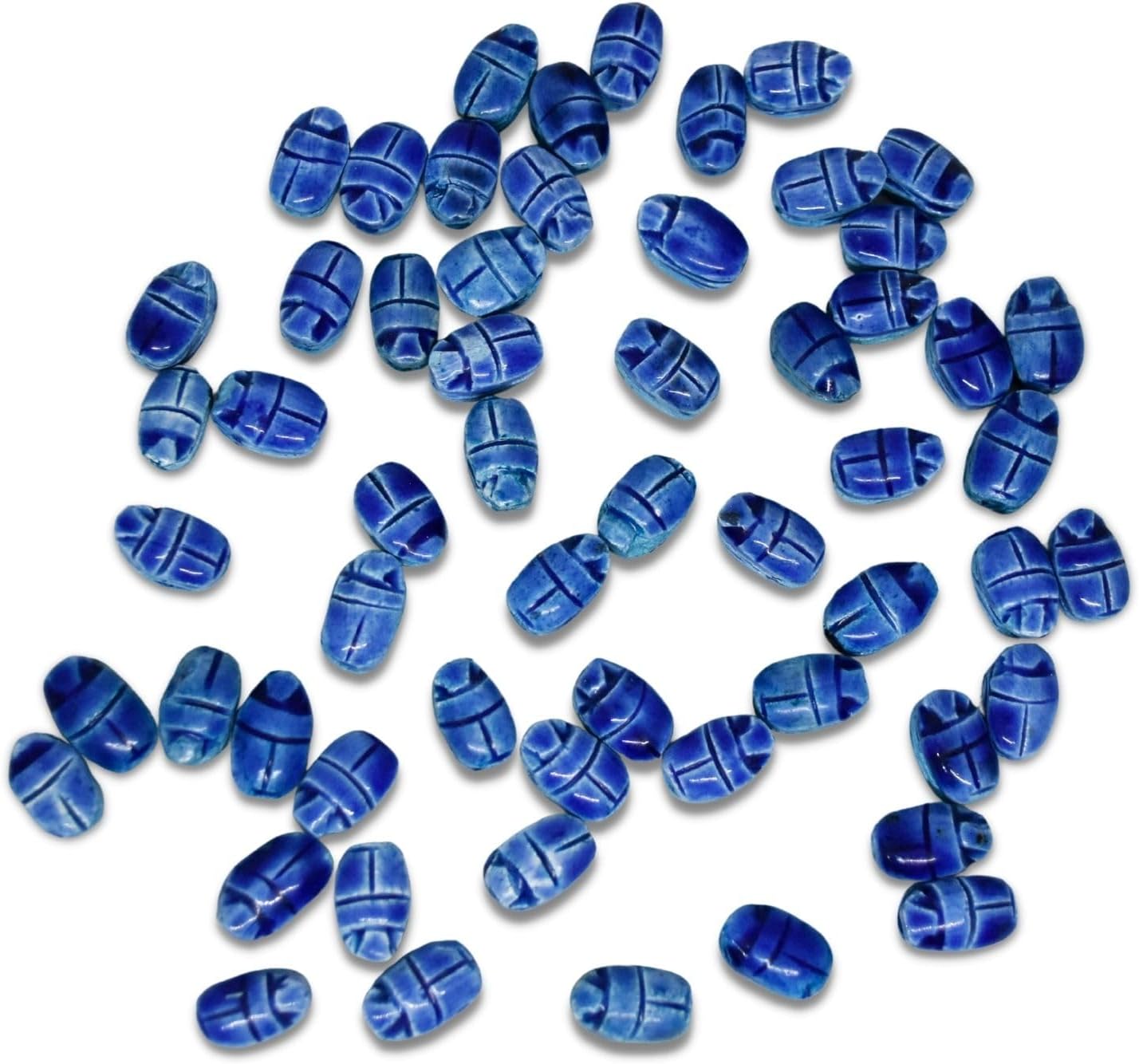 Deluxe Scarab Beetle Bug Beads Egyptian Handmade Faience Lucky Luck Stone Pharaoh Hieroglyphics with Hole Pendant Necklace Bracelet Jewelry Making Hand Carved Egypt Loose Bead (18 XS)