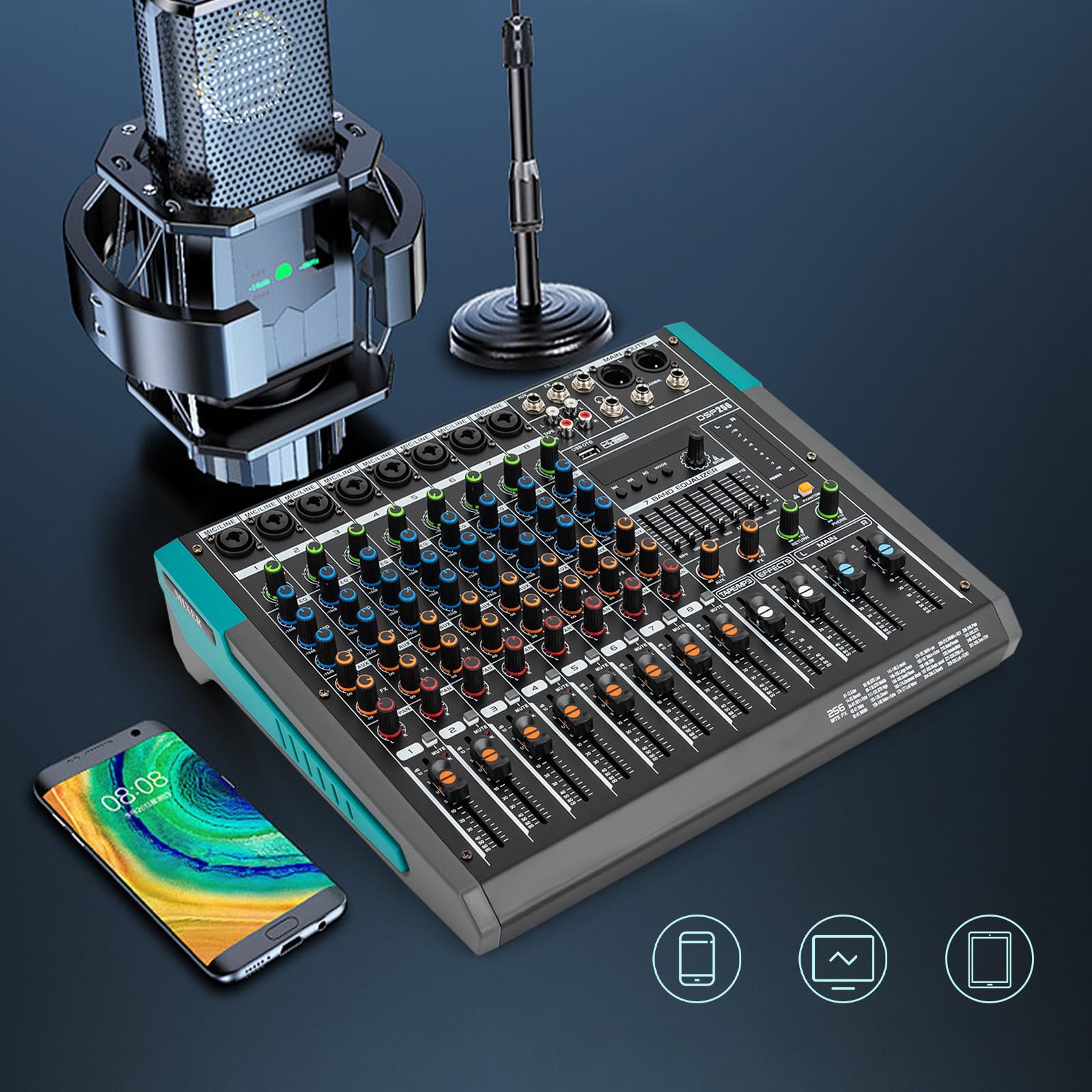 Audio-Mischpult, 8 Kanal Stereo Live Mischpulte, Audio Mixer Profi Musik Mixer, DJ Mischer Board Karaoke Mischpult Audio, Bluetooth USB