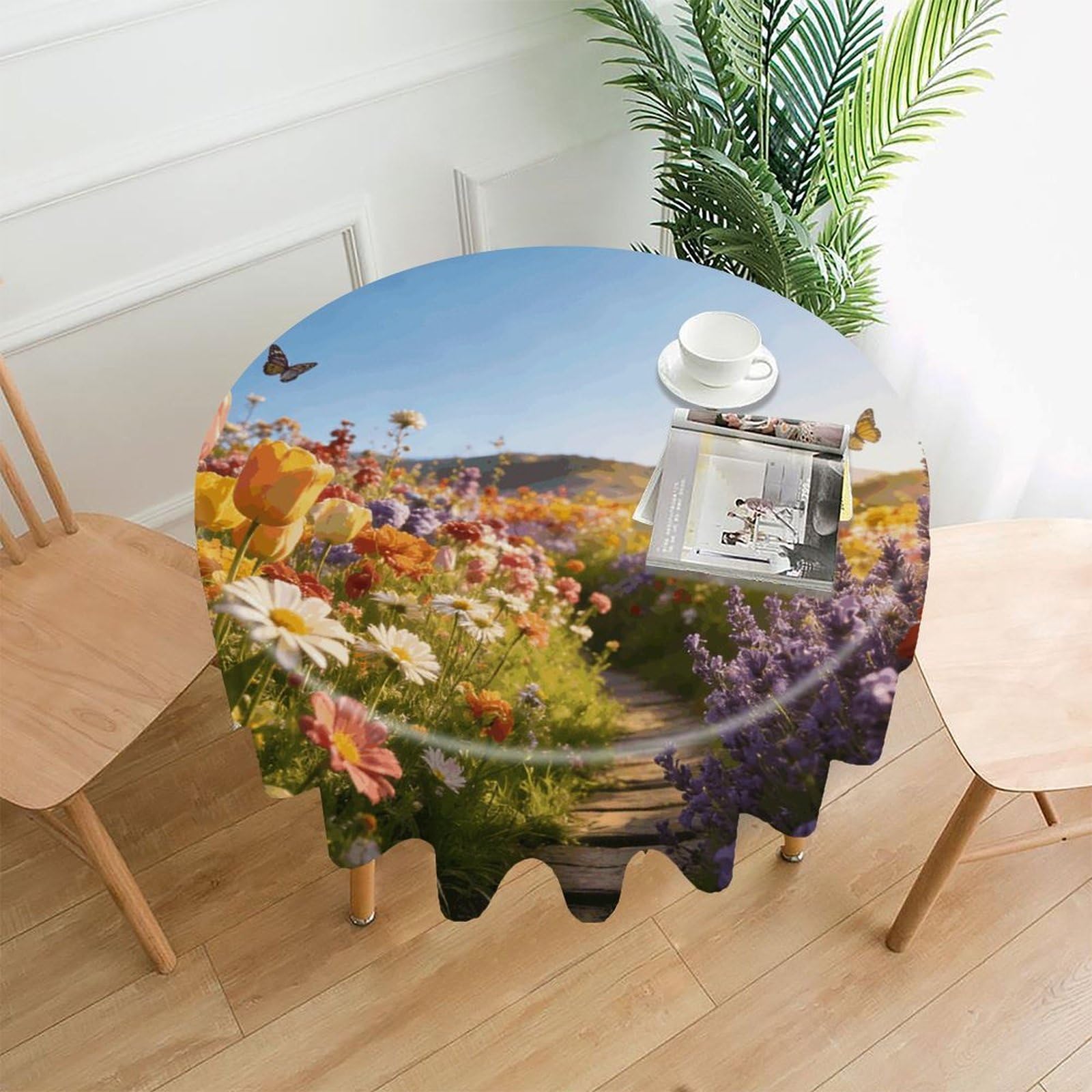 LZQPOEAS Heading to The Flower Field Tablecloth Easy to Clean Polyester Round Table Cover Washable Round Table Cloth Wrinkle-Free Circle Decoration Tablecloth for Kitchen and Dining Room 60"