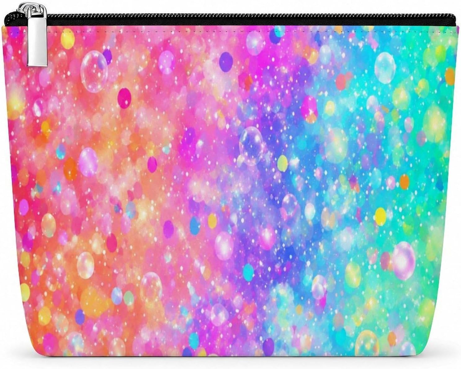 Confetti And Glowing Bubbles PU Leather Makeup Bag, Portable Cosmetic Organizer with Zipper, Travel Toiletry Pouch for Bathroom, Vacation & Business Trips