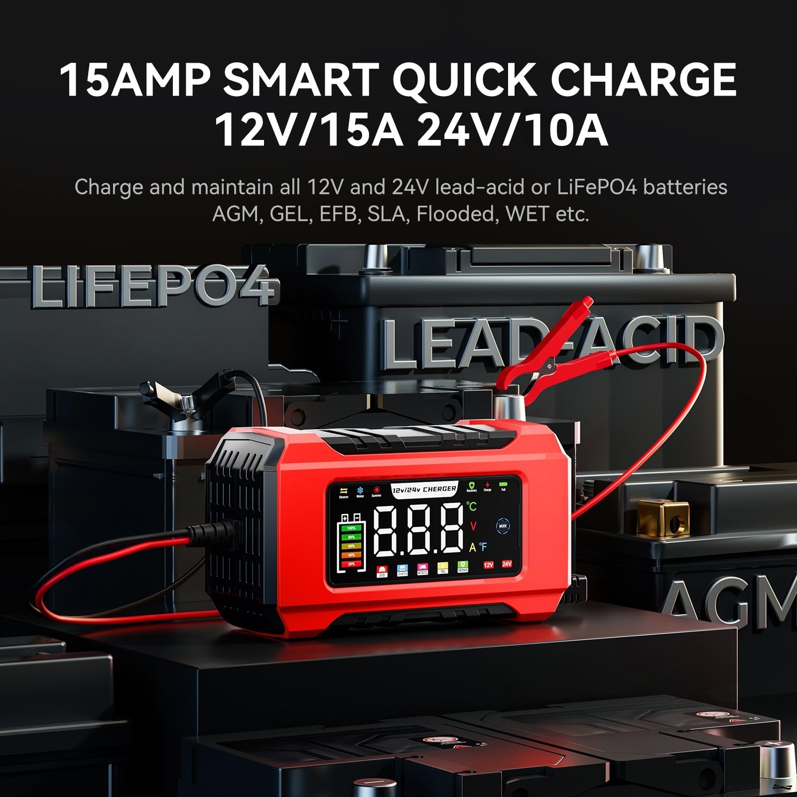 15-Amp Car Battery Charger, 12V/24V LiFePO4 & Lead-Acid (AGM/Gel/SLA) Trickle Charger, Smart 9-Stage Maintainer for Car, CRV, Marine, Lawn Mower with Temperature Compensation