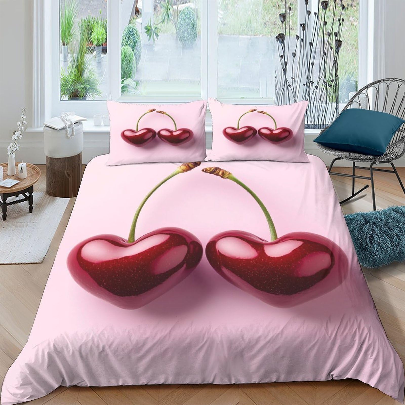 Ctjqhvkz Style-7 3D Printed Cherry Heart Fitted Sheet Microfiber Pink Fruit Art Mattress Cover For Bedroom Decor Dorm Guest Bed Single（135X200cm）