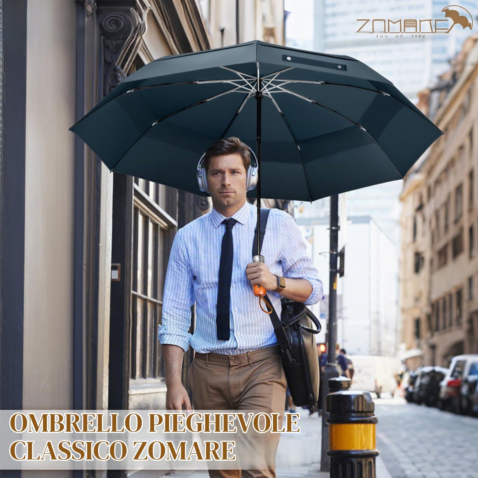 ZOMAKE Ombrello Pieghevole 54 Inch,Ombrello Pioggia Antivento Robusto 134cm con Doppia Tettoia,Ombrelli Pioggia da viaggio Resistenti Da Viaggio Con Manico in Legno per Uomo Donna