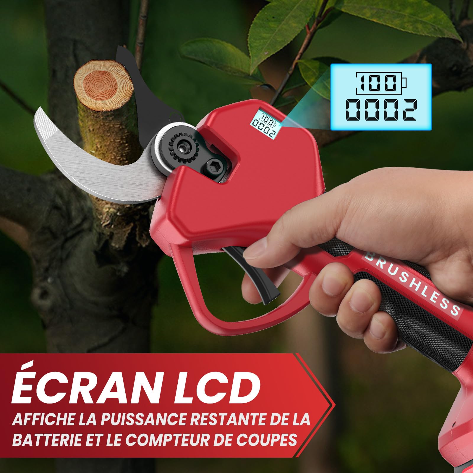 Sécateur Électrique Sans Fil avec Écran et Boîte de rangement, 50MM Secateur Electrique 2-en-1 Extensible Jusqu'à 2,3 m, Secateur Telescopique Electrique pour Jardinage, Ferme, Arbres fruitiers