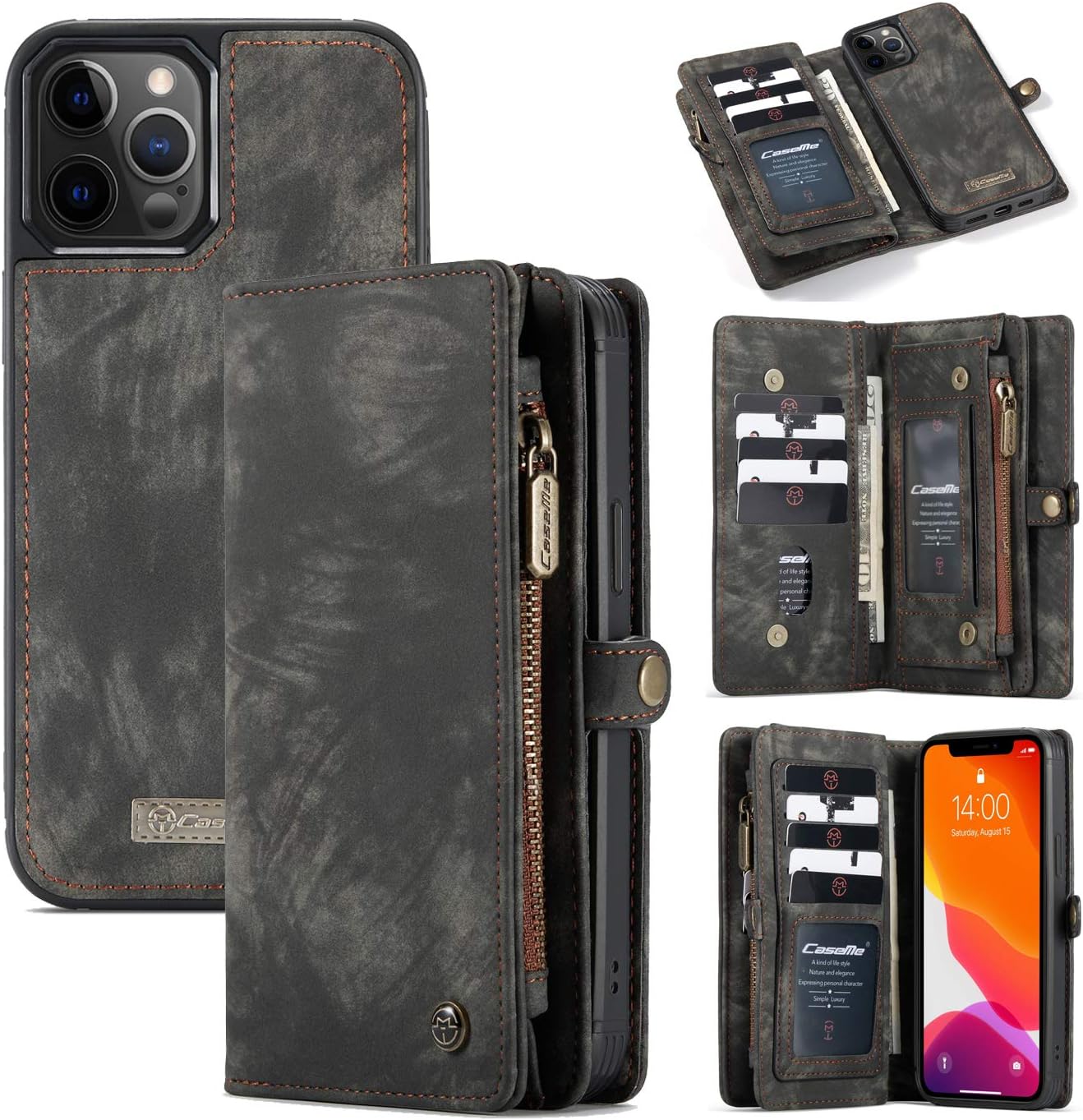 AKHVRS iPhone 12 Pro Wallet Case, Premium Flip PU Leather Phone Case Wallet,8 Card Slot Holder with Detachable Magnetic Cover Zipper Cash Pocket Multi for iPhone 12 Pro（Balck