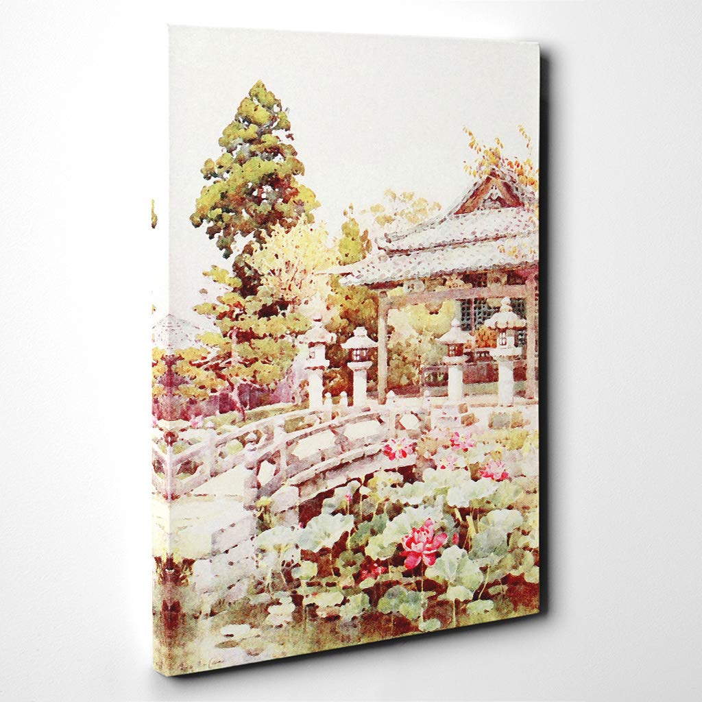 Ella Du Cane Japanese Oriental Lotus at Kyomidzu Canvas Print | Gallery Wrapped 30mm Frame Wall Art | 24x16 inches | Ready to Hang | Asian Floral Picture | Living Room Bedroom Lounge Office