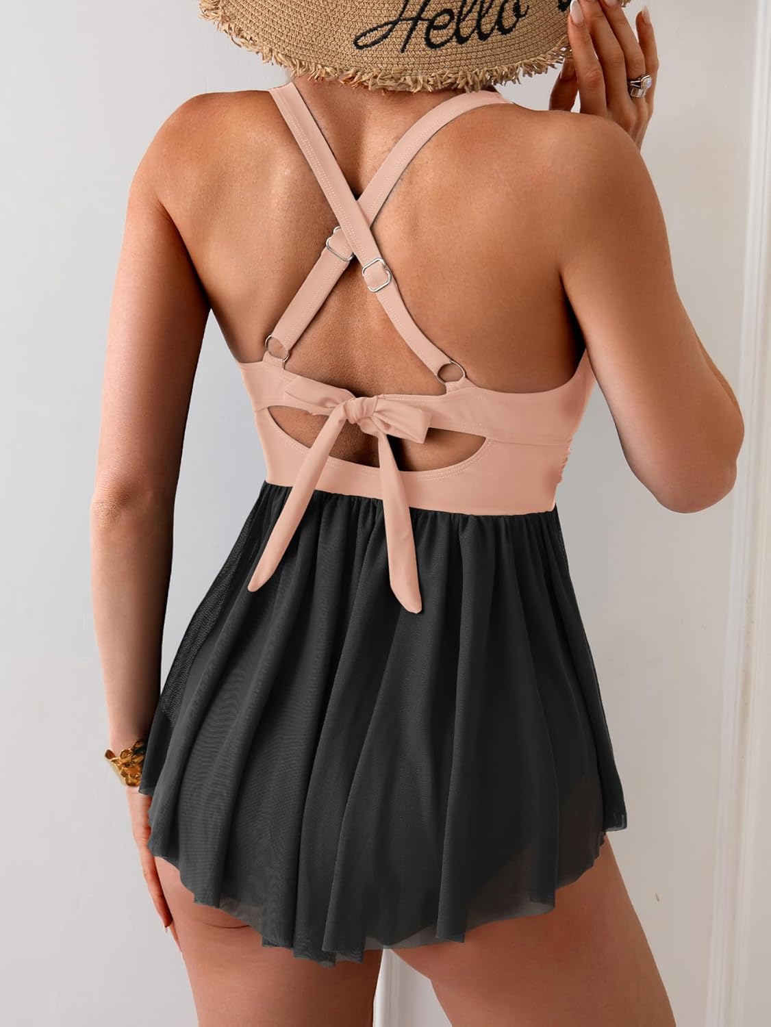 Aidonger Women's One Piece Swim Dress Swimsuit Tummy Control Mesh Swimdress V Neck Bathing Suit Skirt Tie Back Swimwear
