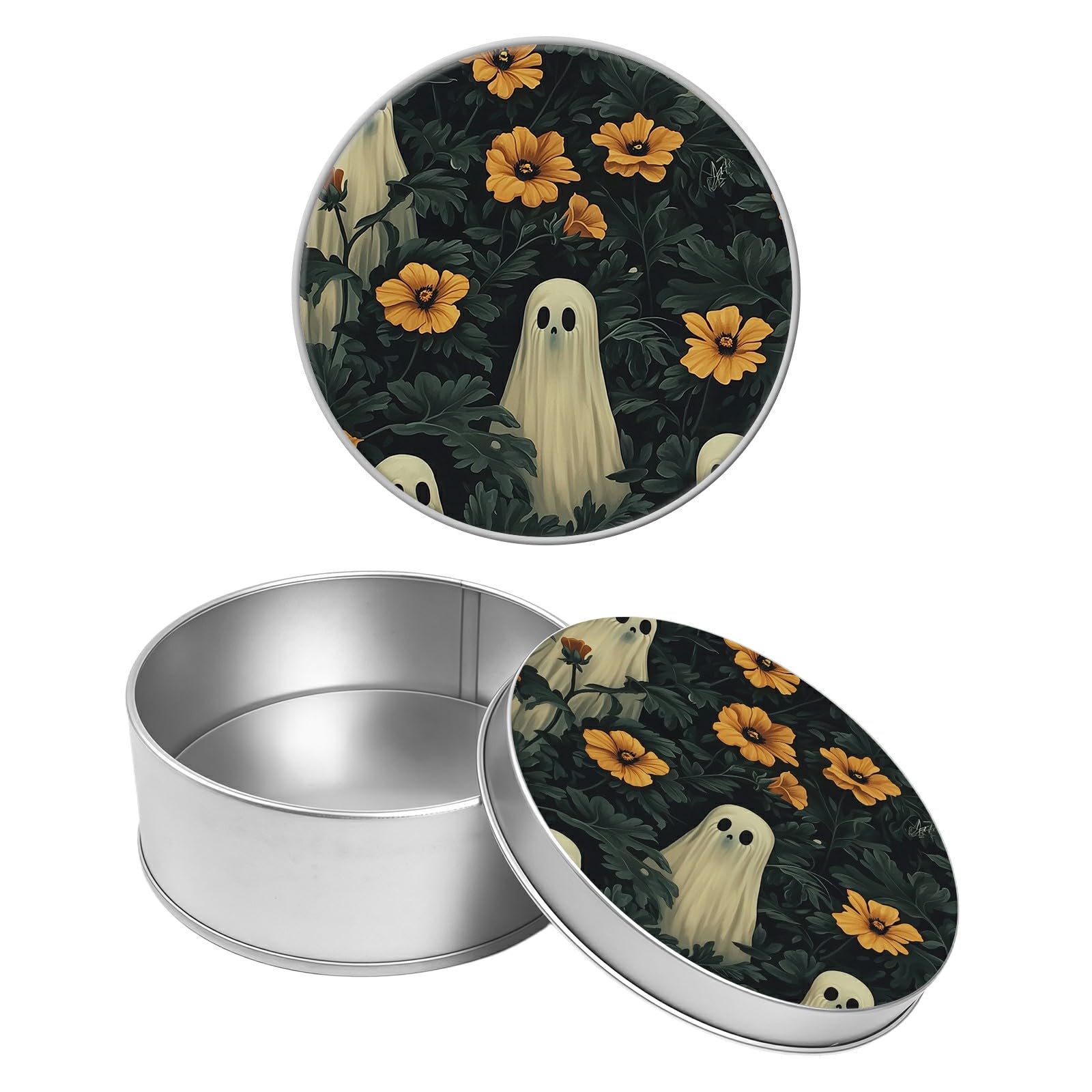 Round Metal Tin Container with Removable Lid, Ghost Daisy Durable Metal Storage Box for Crafts Snacks Candies Office Supplies Small Items 3.54 x 1.38 inch– Single Pack