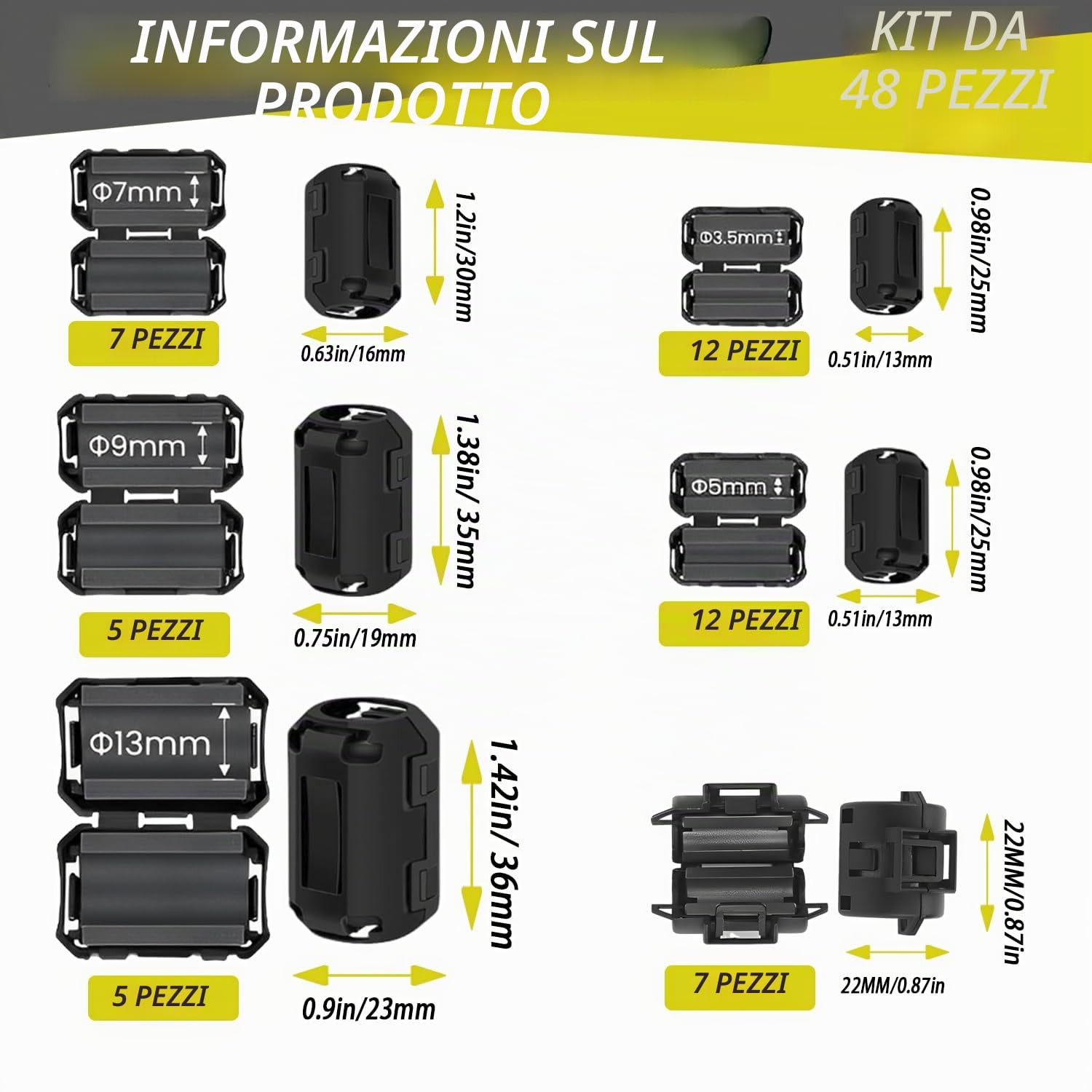 Ferrite Anello Nucleo 48 Pezzi Anello di ferrite Core nero Clip-on Ferrite Core RFI EMI Rumore Soppressore Cavo Clip 3.5mm - 13mm Diametro Interno per cavi USB RFI EMI (6 diverse 48 Pezzi)