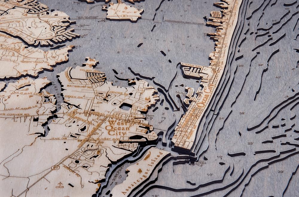 Ocean City 3-D Nautical Wood Chart Grey Frame, 24.5