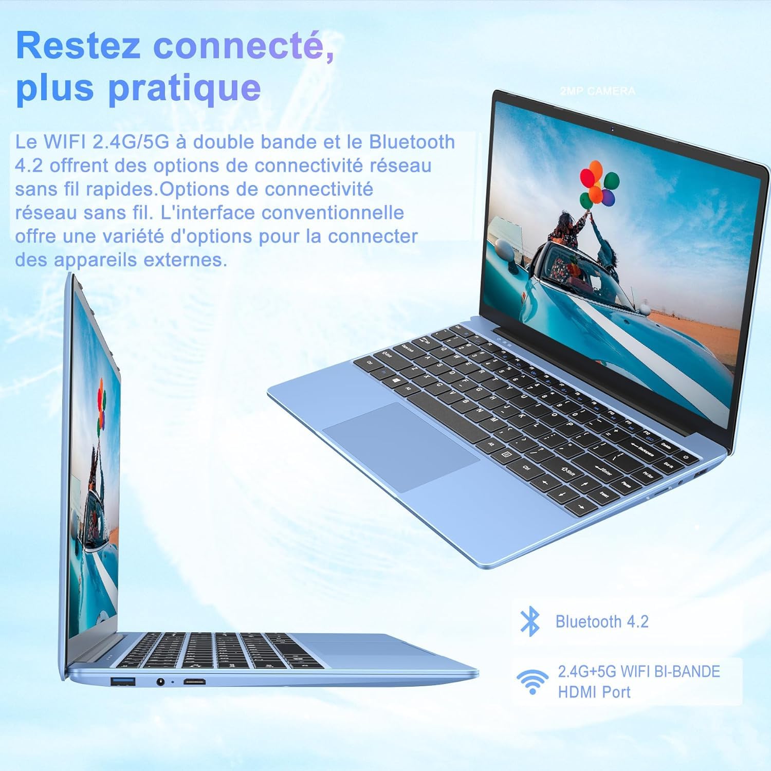 bvate Ordinateur Portable,6+128Go Soutien Extension SSD 1To 14" Win11 Celeron N4020 2.4G+5G WiFi Mini HDMI & AZERTY Membrane du Clavier-Blue
