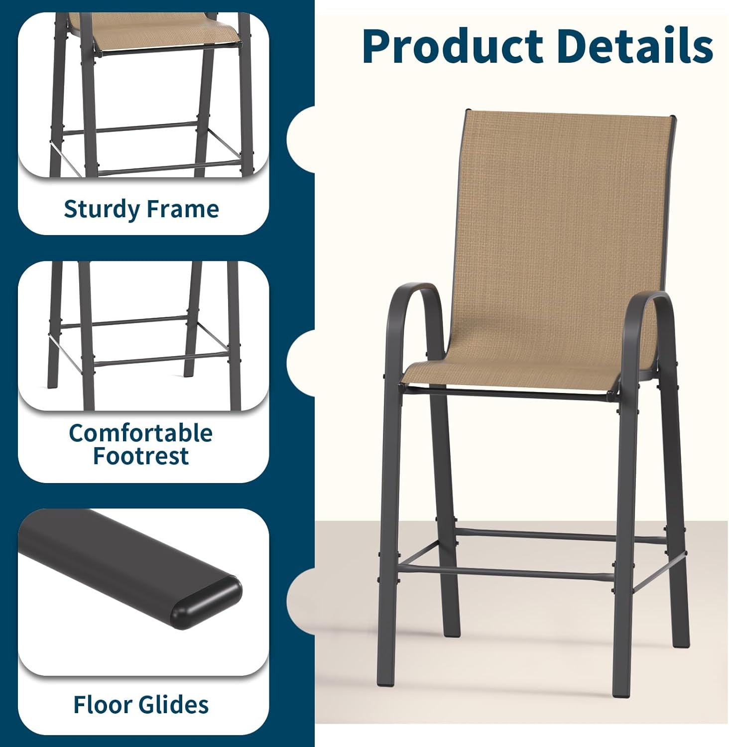 Amopatio Outdoor Bar Stools Set of 8, Bar Hight Patio Chairs, Sturdy High Back Outdoor Bar Chairs, All-Weather Textile Patio Bar Stools for Backyard, Porch, Balcony, Brown
