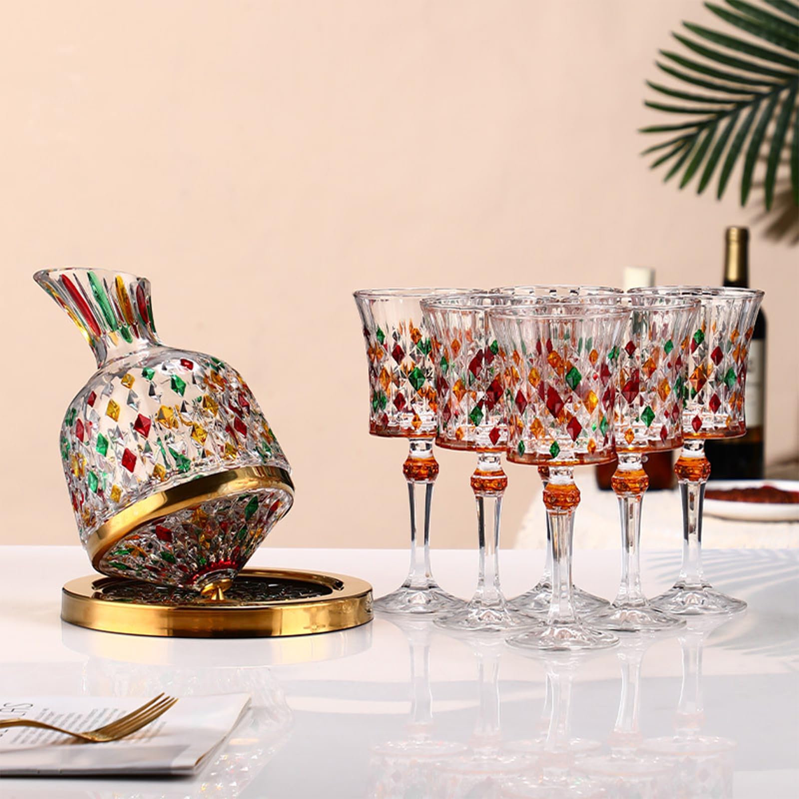 Set decanter per vino girevole con base in metallo e due calici da vino a stelo colorato modello di diamante cristalleria per casa bar pranzo e regalo scopo
