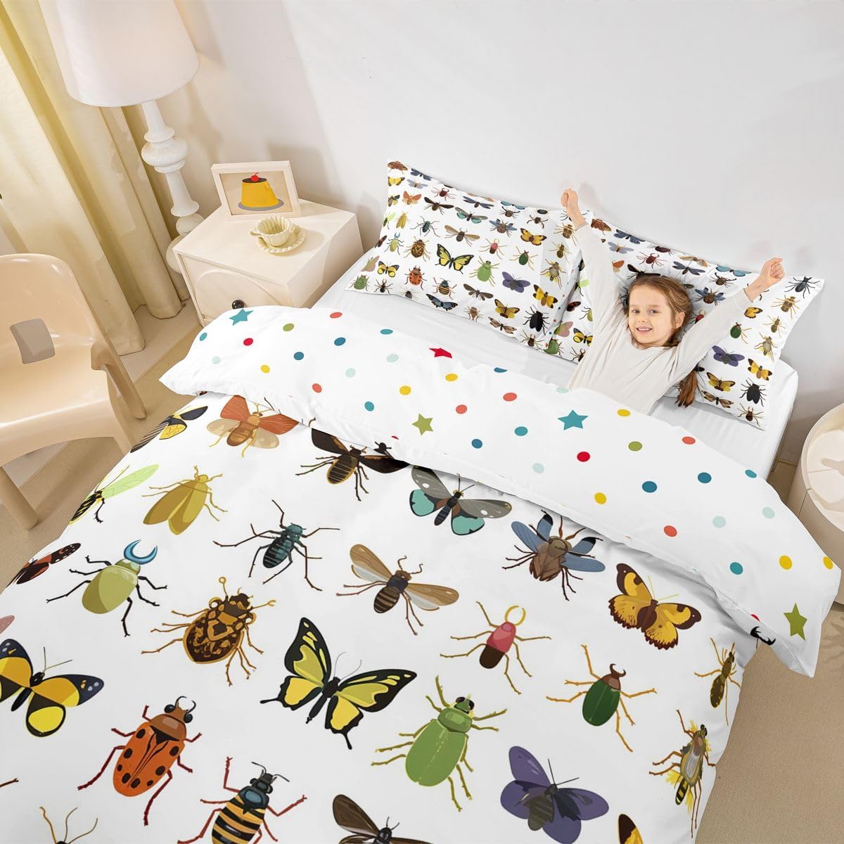 Erosebridal Watercolor Beetles Bedding Set Colorful Reptile Comforter Cover for Kids Teens Boys Girls,Colored Bugs Pattern Duvet Cover Multicolor Wild Animal Chic Nature Art Bedroom Decor Twin Size