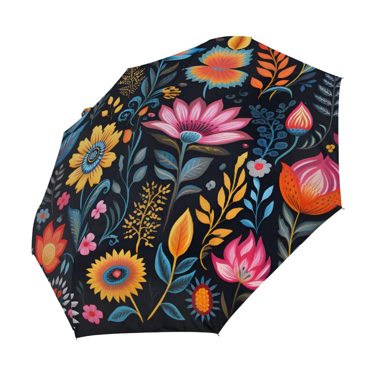 Ombrello pieghevole etnico colorato con motivo floreale ombrello da viaggio compatto antivento impermeabile con protezione UV rivestimento nero leggero 8 coste portatile per pioggia sole