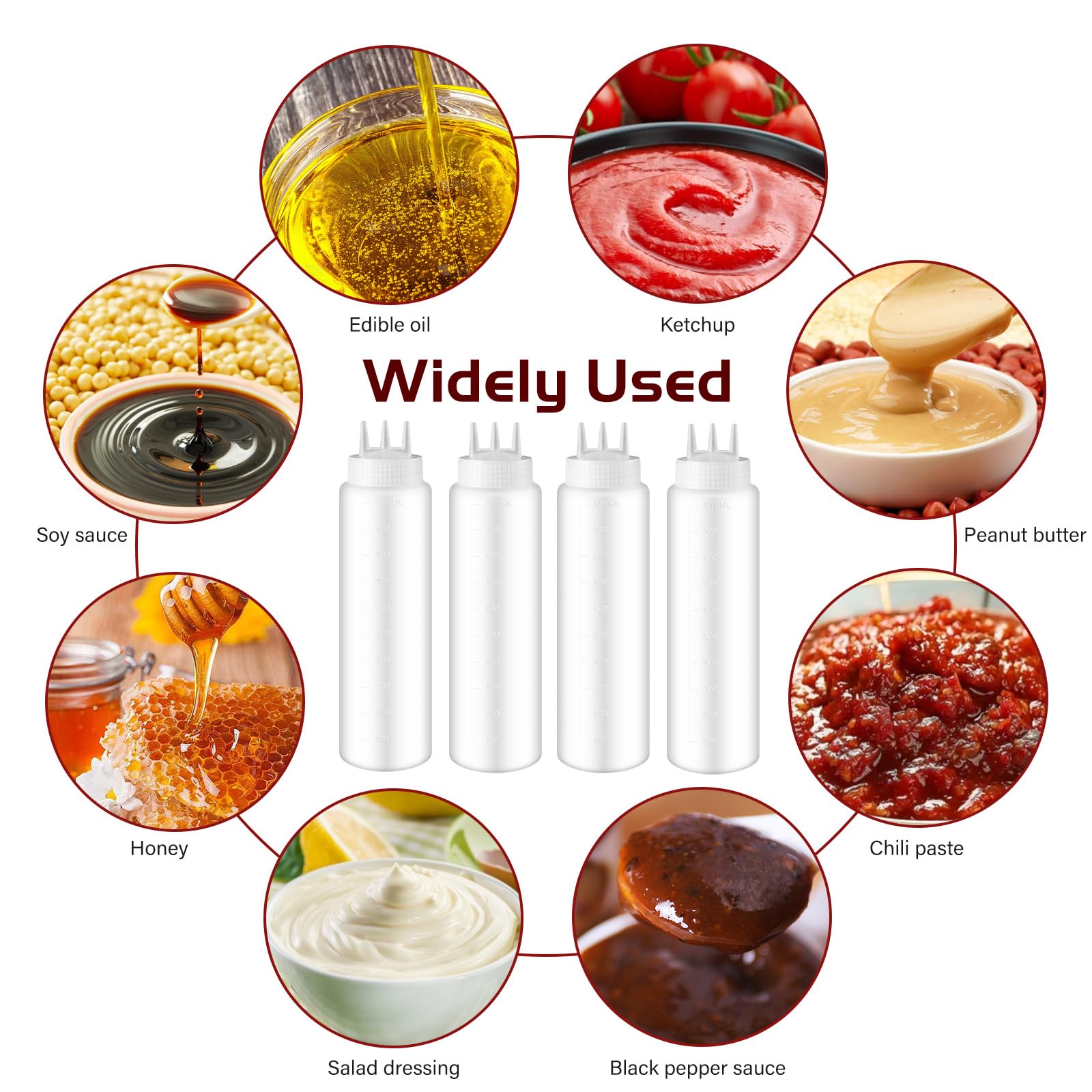 Bottiglia a Squeez 3 Ugelli 4 Pezzi 1000ml Bottiglie per Salse con Etichetta e Penna Scrivente, Bottiglie a Squeez per Salse, Spezie, Ketchup, Sciroppo, BBQ, Salse, Senape, Insalata