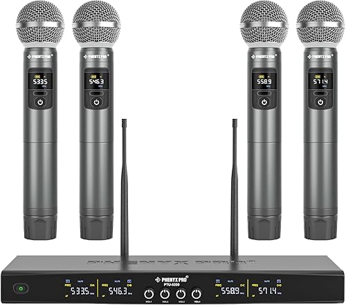 Phenyx Pro Sistema de micrófono inalámbrico, juego de micrófono inalámbrico de metal con 4 micrófonos inalámbricos, frecuencias ajustables UHF de 4 disponible en Yaxa Guatemala