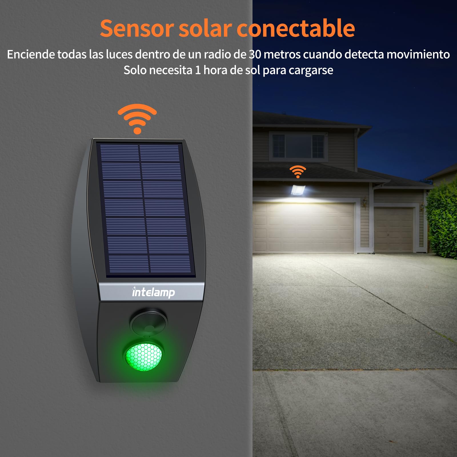 intelamp Foco LED Solar Exterior 2000LM, Batería 12000mAh, Color Blanco 6500K, Sensor de Movimiento con Caja Externa, 3 Modos, IP65 Impermeable, Lámpara de Seguridad para Jardín y Terraza