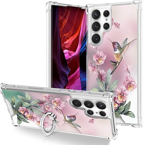 Miniatura 1 de OOK Funda transparente compatible con Samsung Galaxy S23 Ultra 5G, patrón de colibrí rosa, flexible, a prueba de golpes, antiarañazos, cubierta