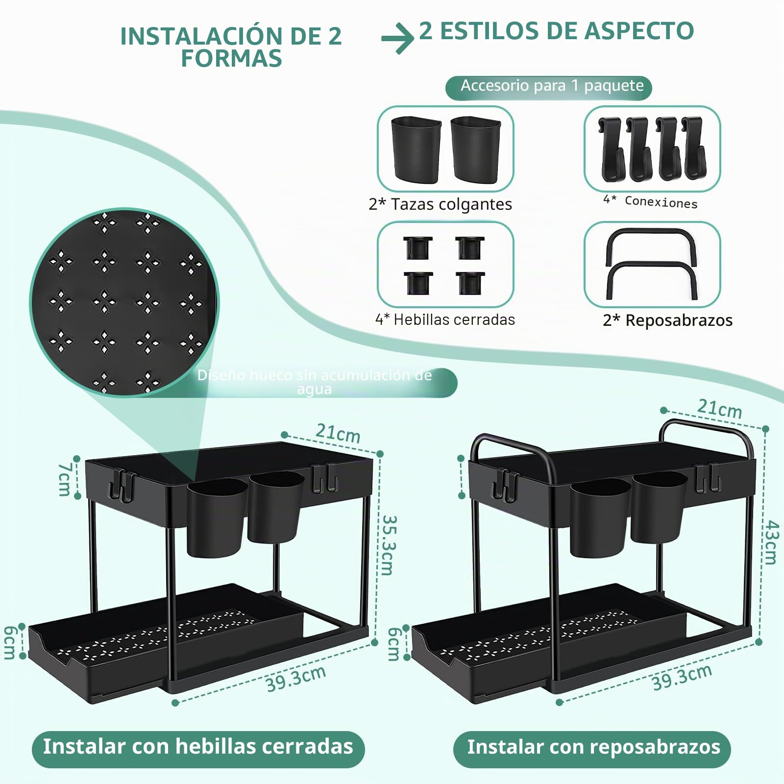 Estante para debajo del fregadero, organizador de cocina de 2 niveles, armario de cocina, armario extraíble con 4 ganchos y 2 tazas, cajón extraíble, estante para lavavajillas (negro, 1 pieza)